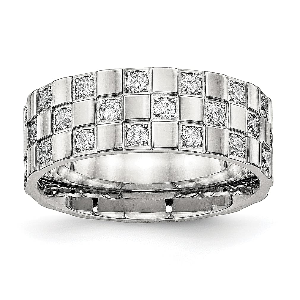 ICE CARATS 8mm Stainless Steel Cubic Zirconia Checkered Flat Wedding Band Ring for Men - Durable Fashion Jewelry Gift for Dad, Husband & Grooms - Perfect for Weddings, Anniversaries & Special Occasions