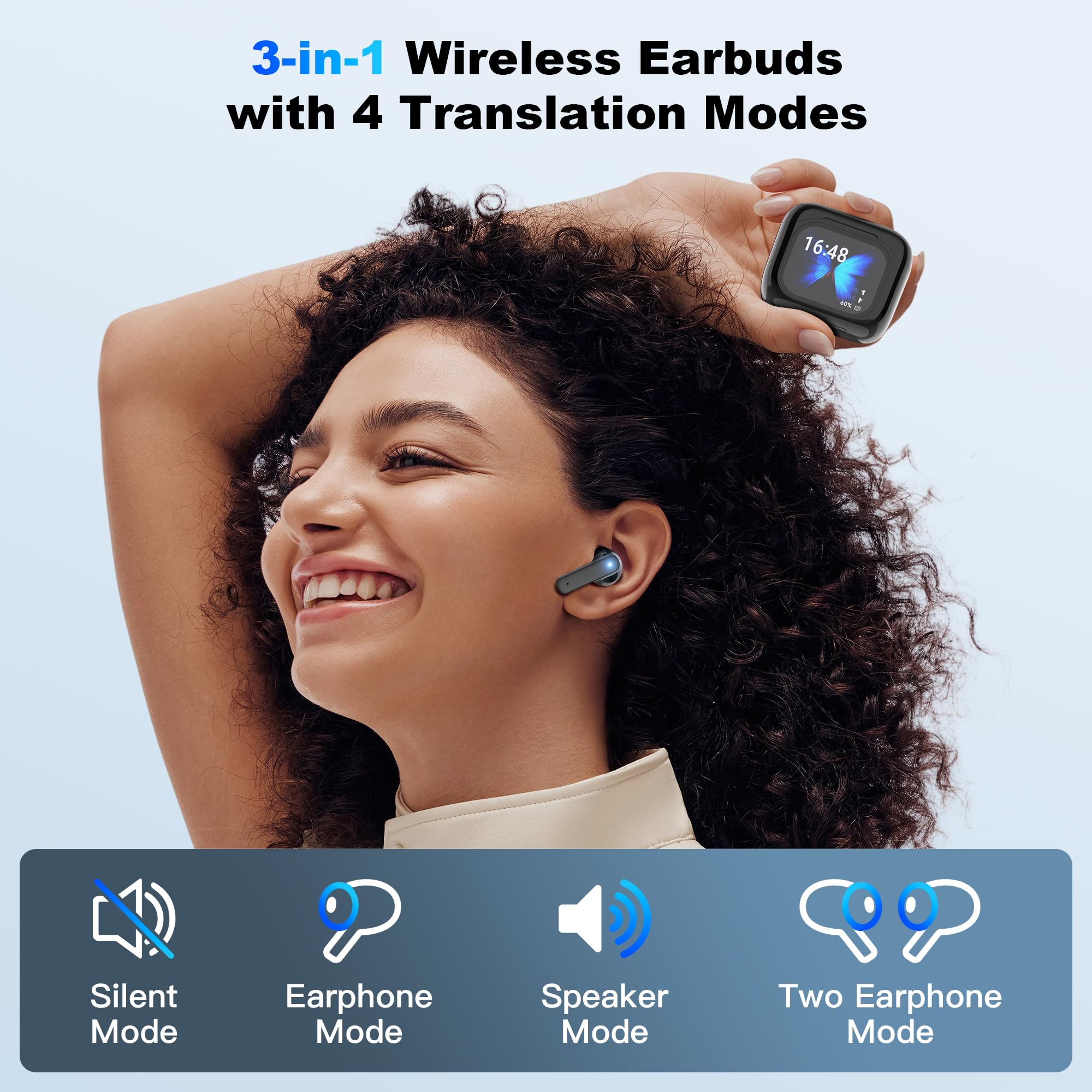 True Wireless Bluetooth Earbuds with AI Language Translator - Real-Time English Spanish Translation, Active Noise Cancellation, LCD Touchscreen - Perfect for Travel, Business Meetings & Language Learning (Black)