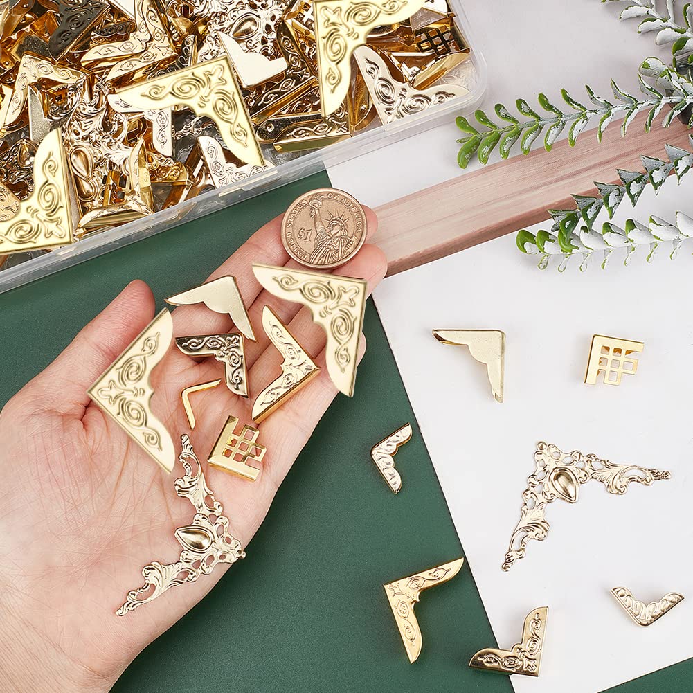 160pcs Golden Book Corner Protectors - 8 Styles Iron Triangle Edge Guards for Albums, Notebooks, Scrapbooks | Decorative Metal Cover Pads for Paperback Books, Menus, Diaries & Folders | Perfect for Home Office, School & Gift Packaging