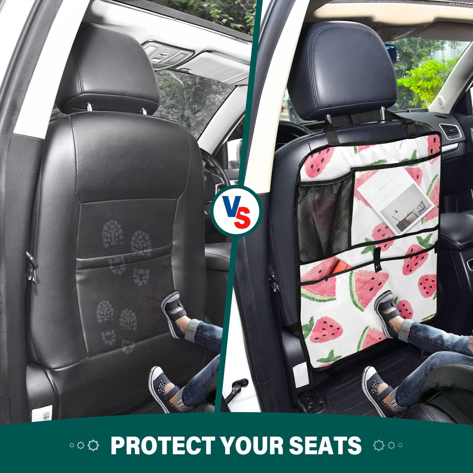 Aflyko Car Seat Back Organizer with Pockets - Watercolor Strawberry Watermelon Print, Pink Kick Mat & Backseat Protector - 1 Pack | Perfect for Road Trips, Family Travel & Keeping Your Vehicle Organized