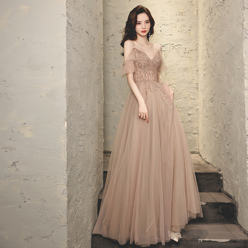 Elegant A-Line Beaded Long Prom Dress with Fairy Tulle Skirt - Formal Evening Gown for Homecoming, Wedding, and Special Occasions