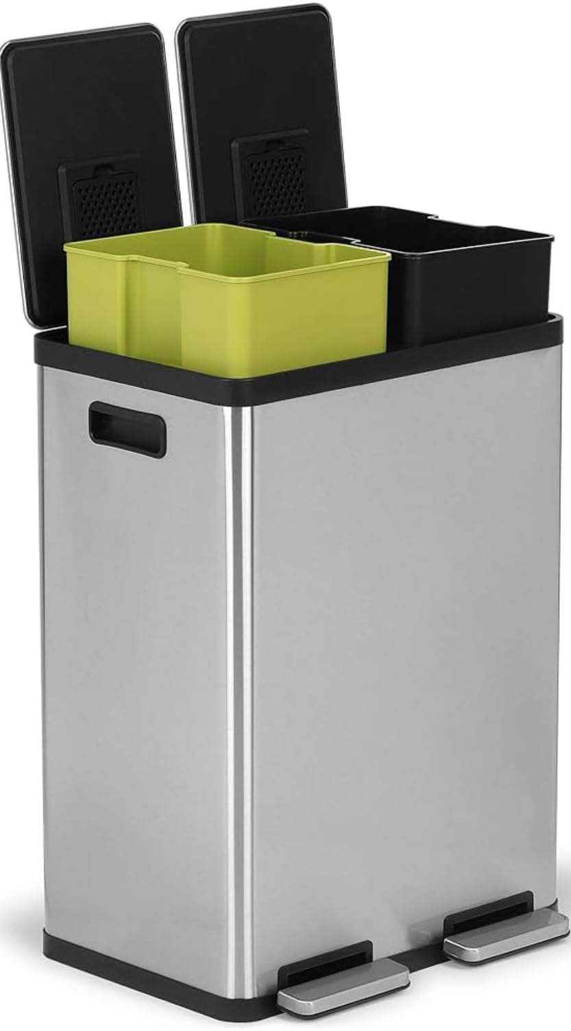 SIMPLI-MAGIC 60L/16 Gallon Dual Compartment Step Trash Can with Soft-Close Lid - Brushed Stainless Steel Recycling Bin for Kitchen, Office, Bathroom (30L x 30L Capacity) - Hands-Free Waste Disposal Solution