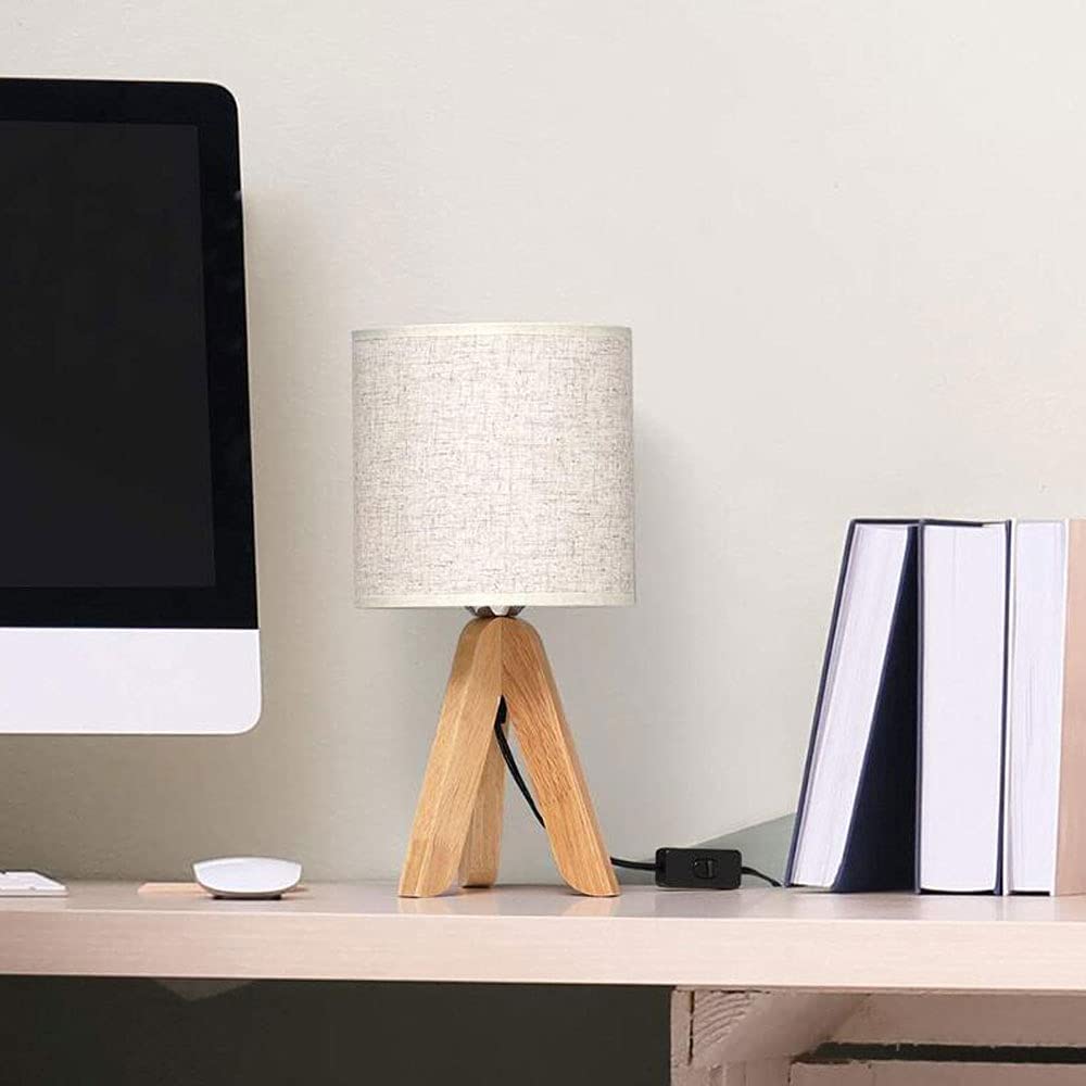 American Style Wooden Tripod Bedside Table Lamp with Gray Fabric Linen Shade - Plug-in Button Switch, 13.4 Inch Height - Perfect for Bedroom, Living Room, Office & Home Decor | Nightstand Lighting, Reading Lamp, Cozy Ambience