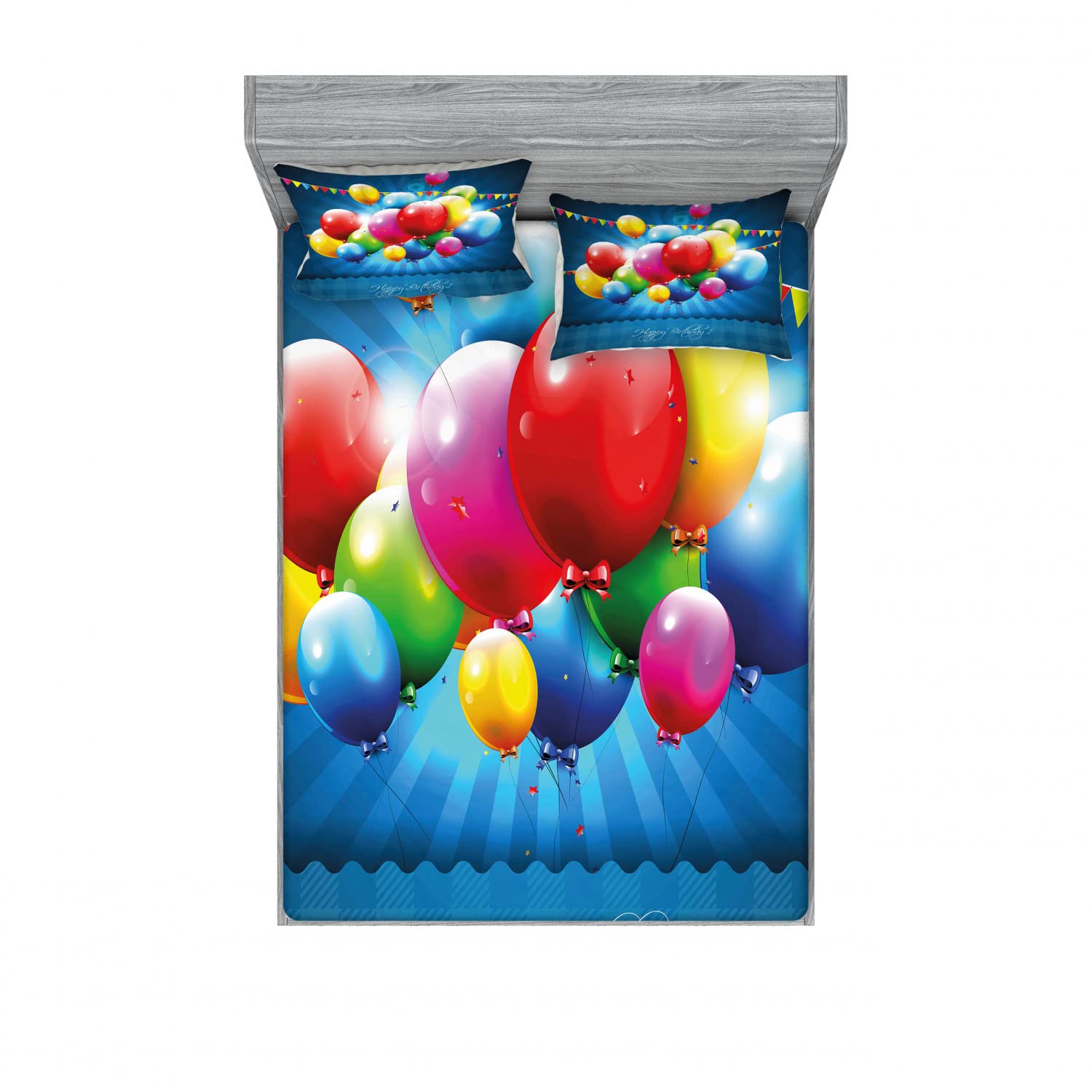 Ambesonne 2-Pack Queen Size Fitted Sheet & Pillow Sham Set - Vibrant Balloon Pattern Bedding Decor (Includes 2 Fitted Sheets & 4 Pillow Covers) - Perfect for Kids' Rooms, Birthday Parties & Themed Bedroom Decor