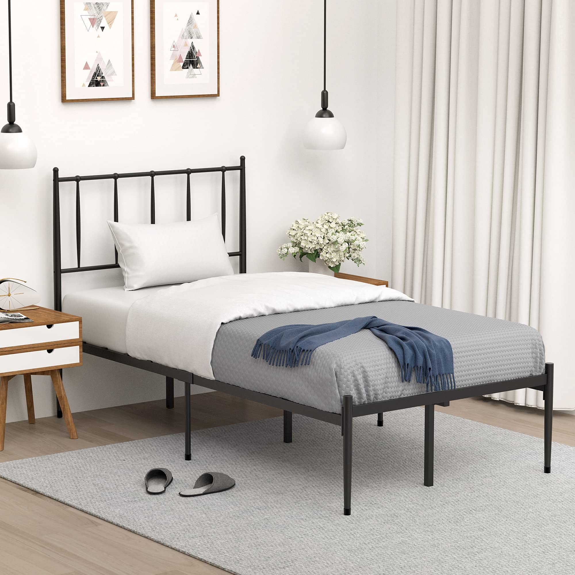 Twin Size Metal Platform Bed Frame with Headboard - Sturdy Mattress Foundation with Slat Support, 12.3