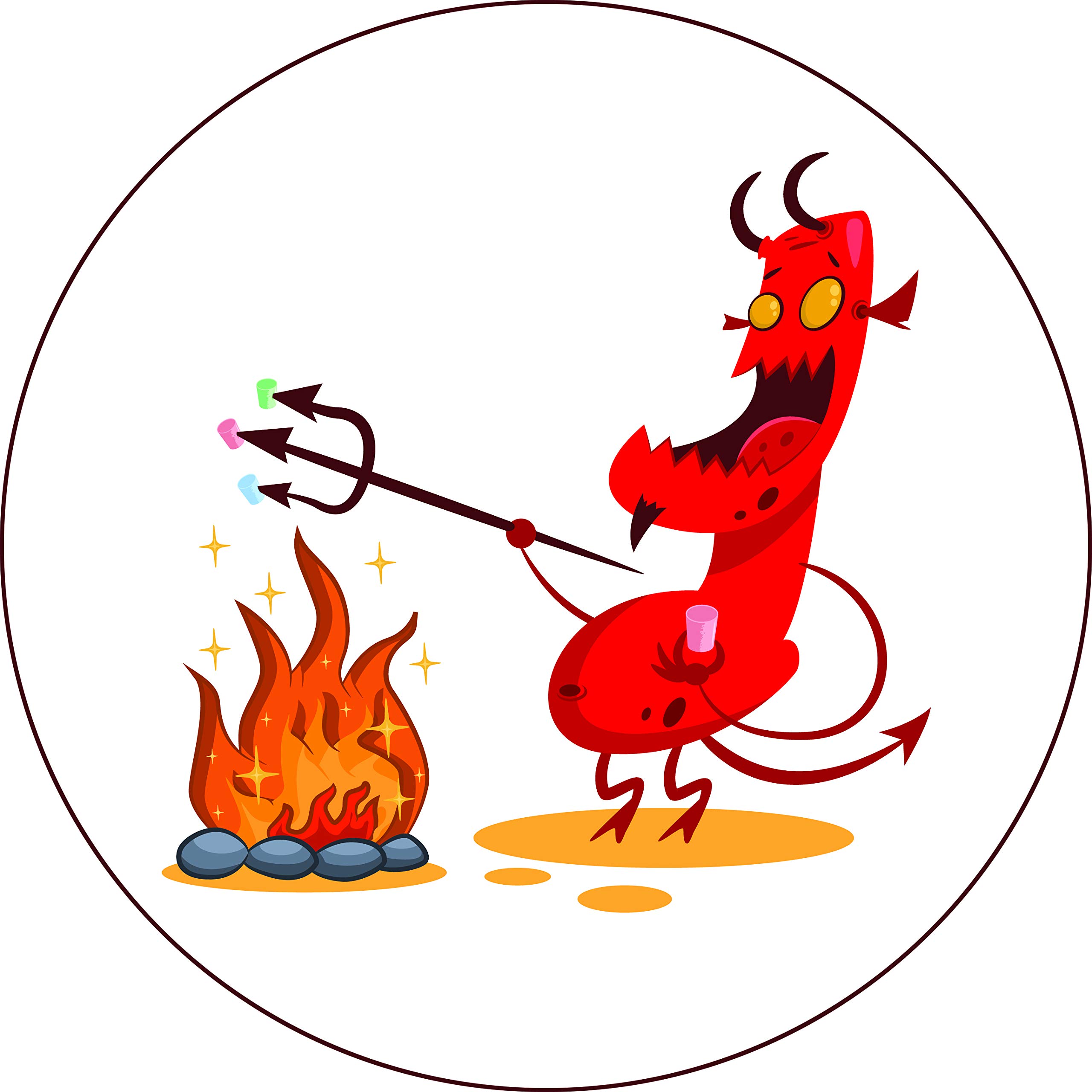 Creepy Red Devil with Beer Belly & Trident Cartoon Vinyl Sticker - Roasting Marshmallows - Perfect for Laptops, Water Bottles & Halloween Decor
