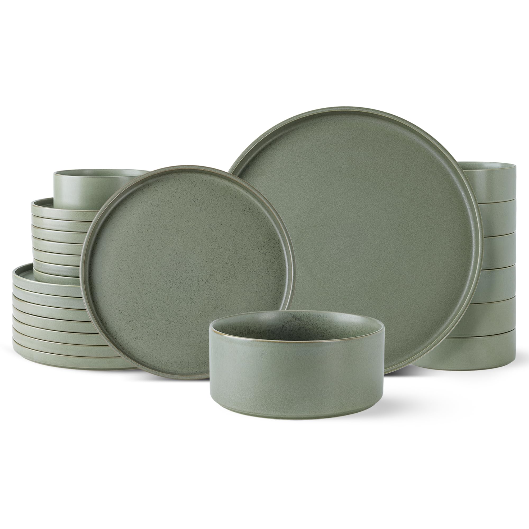 GBHOME 16-Piece Ceramic Dinnerware Set for 8 - Stoneware Plates & Bowls, Chip & Scratch Resistant, Dishwasher/Microwave/Oven Safe, Reactive Glaze Green - Perfect for Family Dinners, Restaurants & Holiday Entertaining