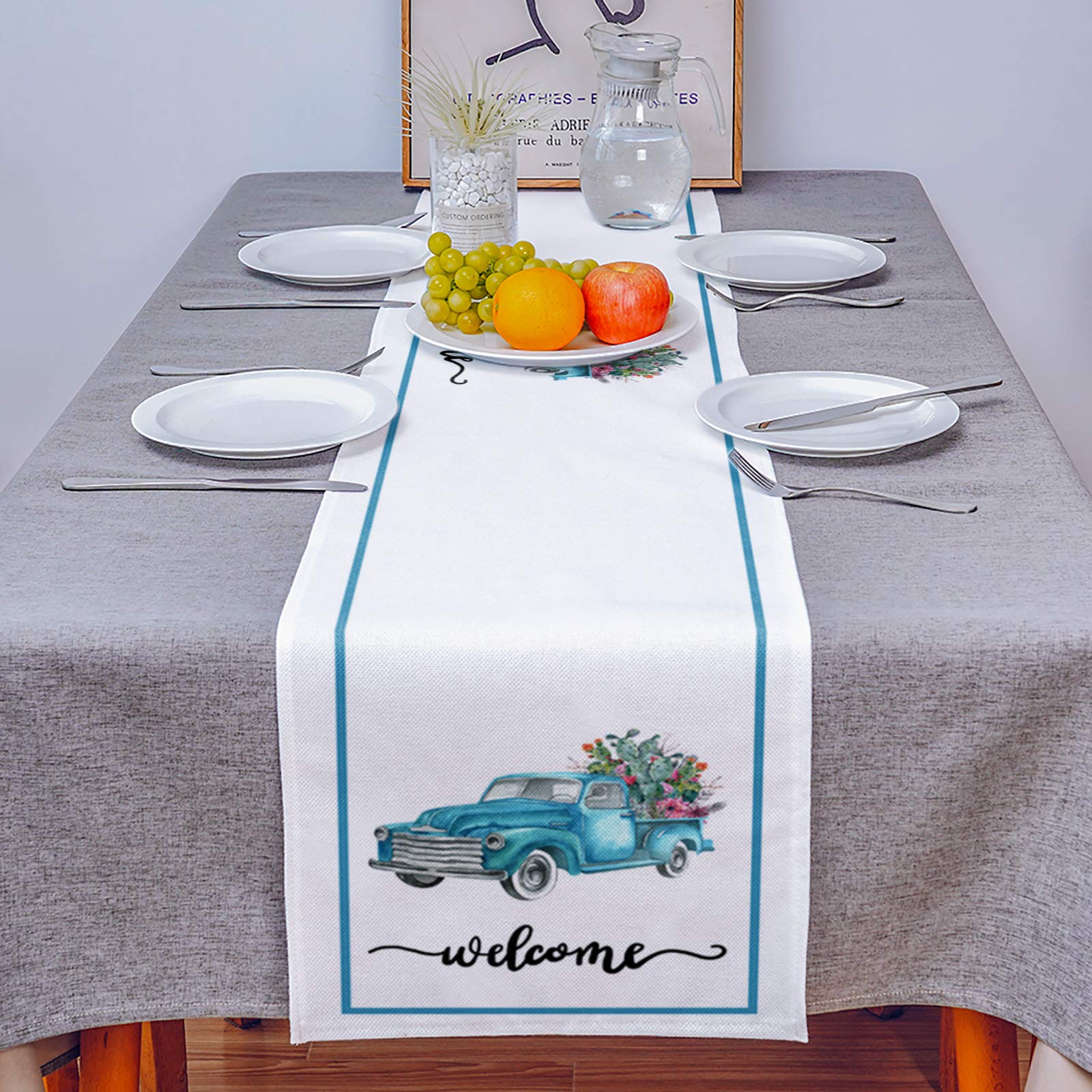 70 Inch Blue Burlap Linen Table Runner with Cactus & Truck Design - Farmhouse Kitchen Dining Decor for Coffee Tables, Parties & Banquets | Rustic Summer Welcome Decor for Home & Tropical Themed Events