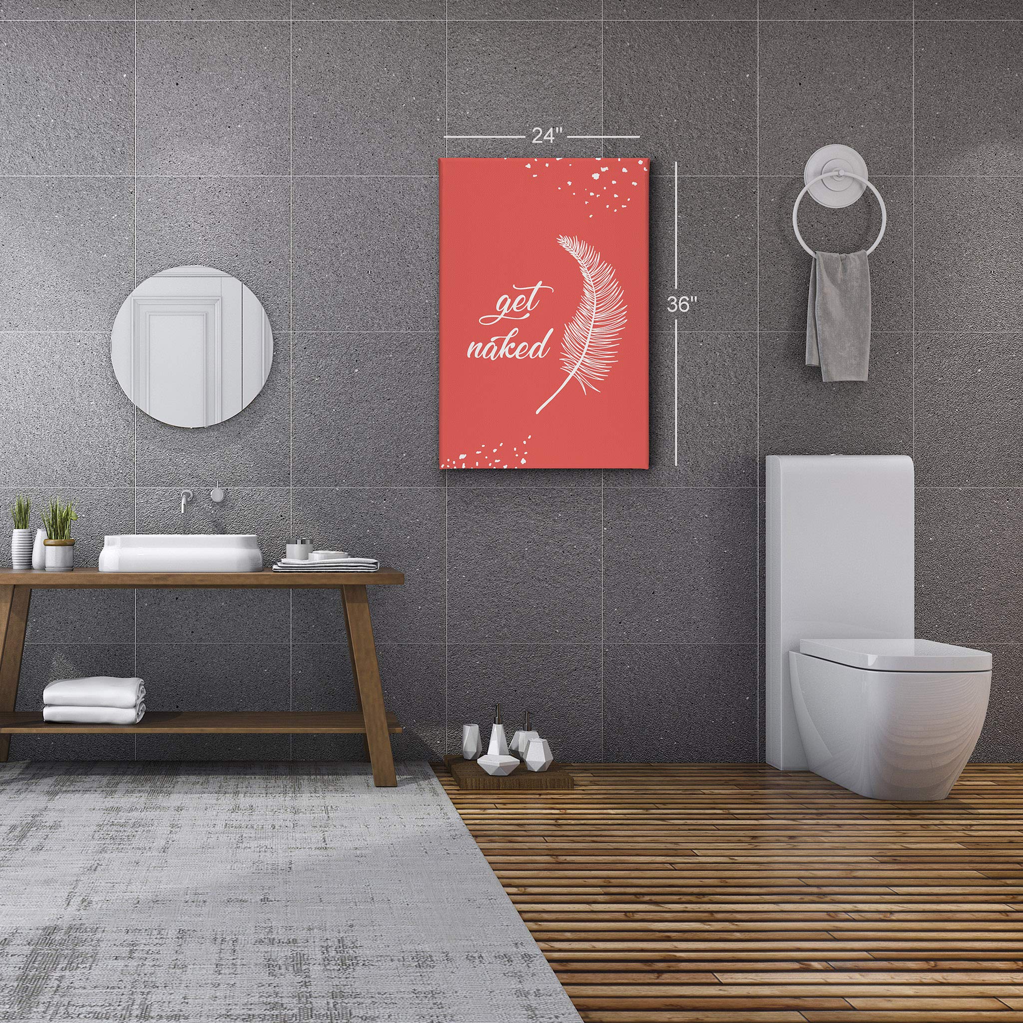 Naked Typography Bathroom Decor Canvas Print - Feather Bathroom Sign Wall Art - Ready to Hang Home Decoration (36x24) - Perfect for Powder Rooms, Guest Bathrooms & Spa-Inspired Decor - Made in USA