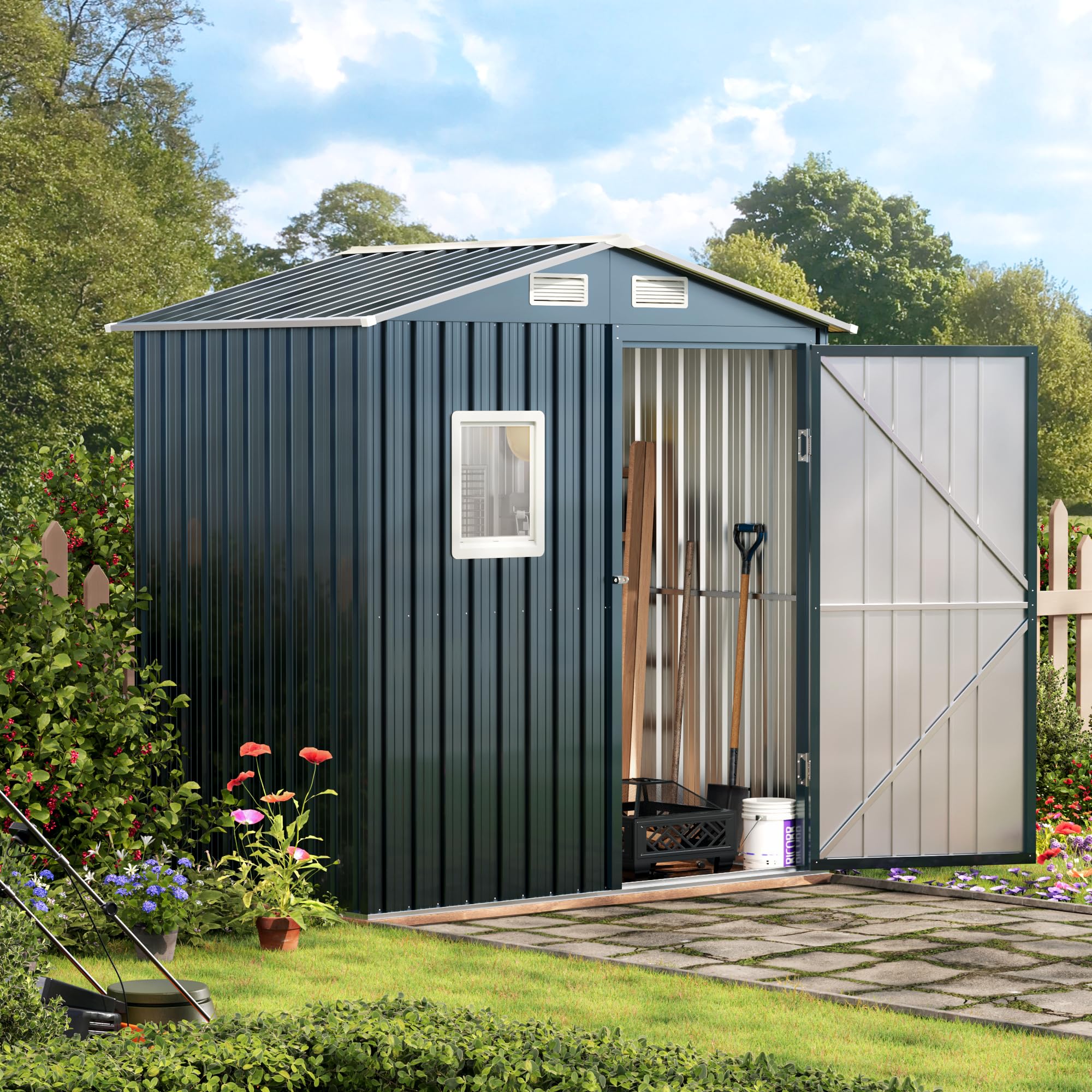 6x4x6.5 FT Compact Vertical Outdoor Steel Storage Shed with Lockable Doors - Heavy Duty Garden, Backyard & Patio Utility Shed for Tool Storage, Bike Shelter, Trash Can Enclosure & Chicken Coop | Weather-Resistant & Secure Outdoor Organization Solution