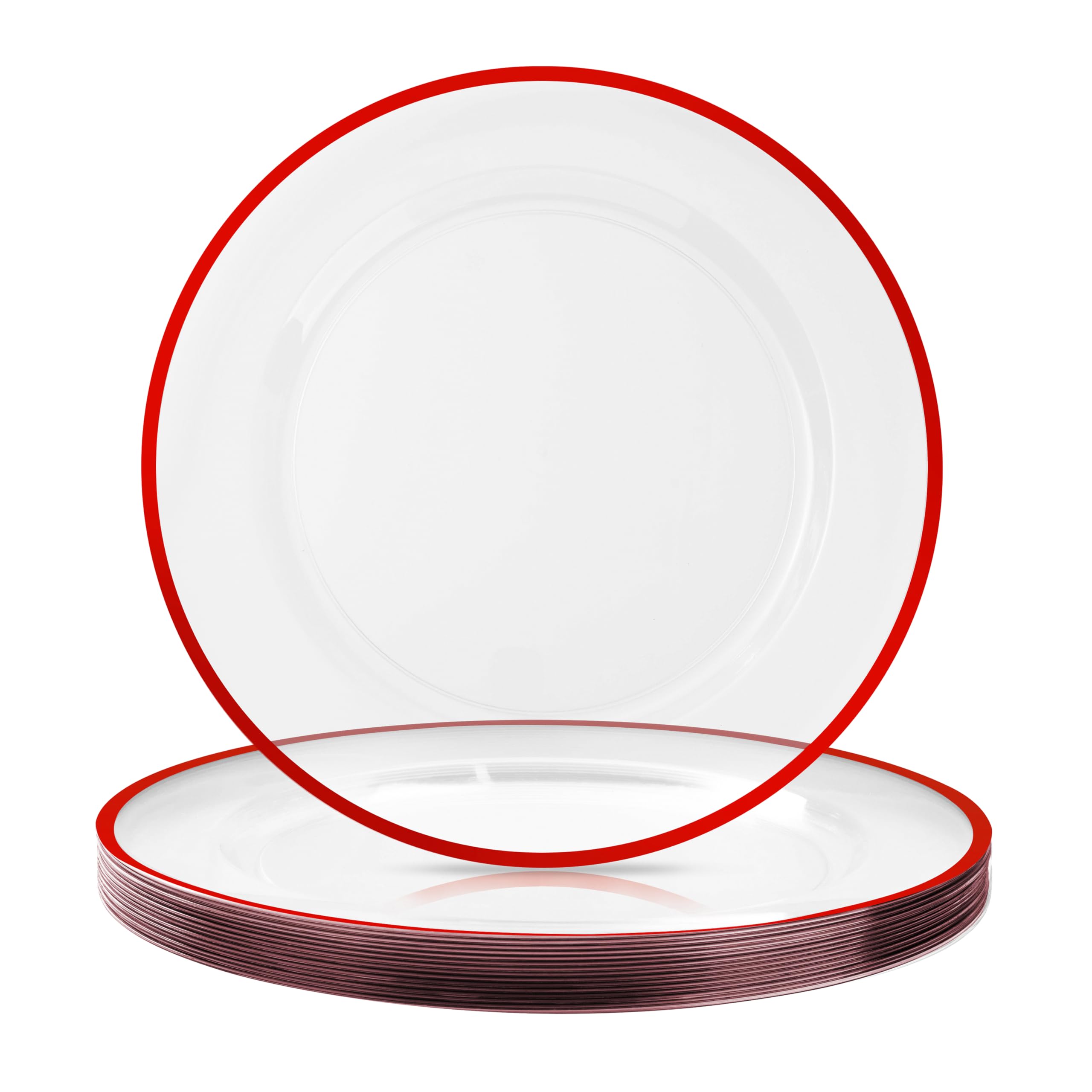 12 Inch Disposable Plastic Charger Plates - 15 Pack Clear Dinner Plates with Elegant Red Rim - Perfect for Weddings, Parties, Banquets & Formal Dining Events - Elegant Table Decor for Special Occasions