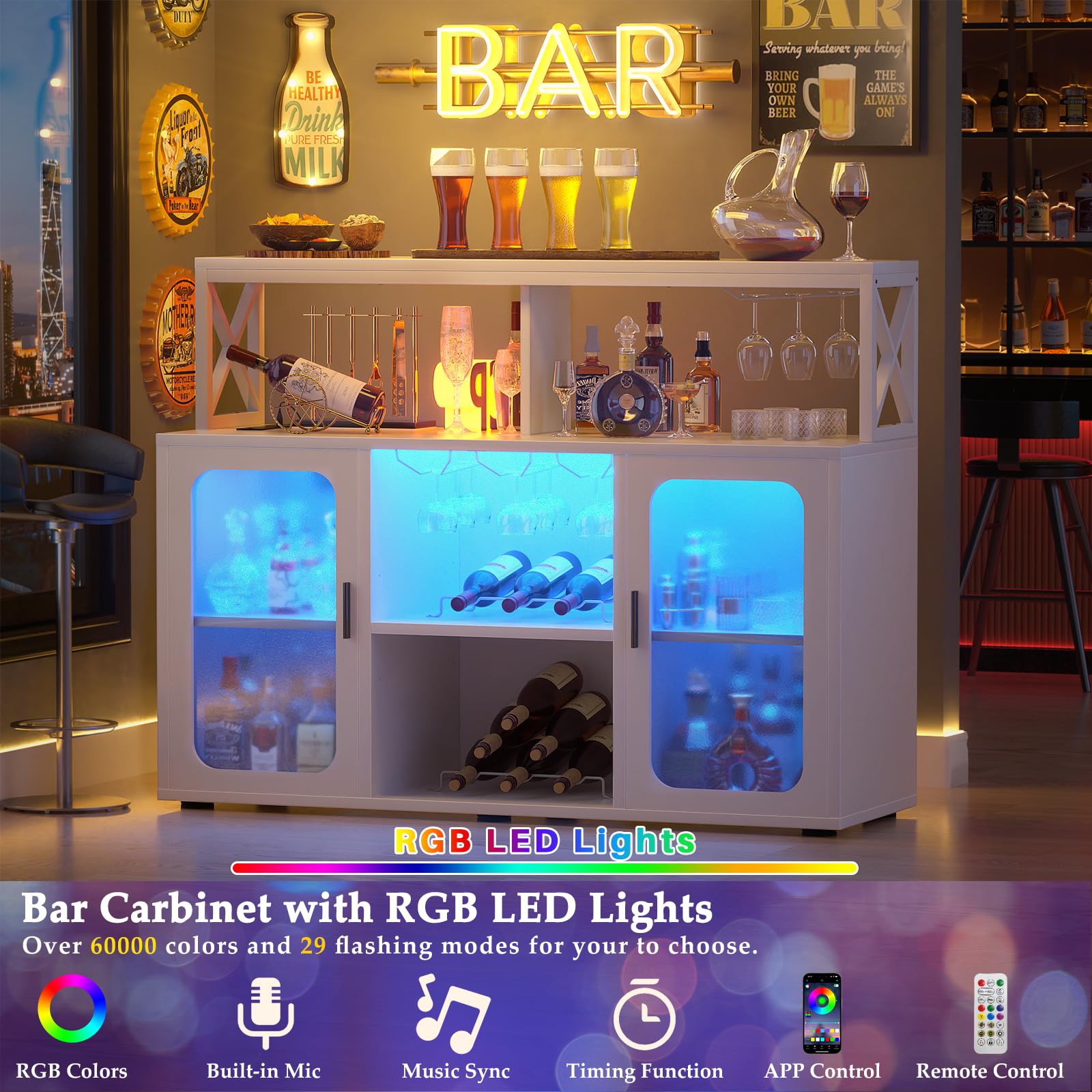 Aheaplus Modern Bar Cabinet with Power Outlet & LED Lights - Wine Storage Cabinet with Glass Holders, Adjustable Shelves - Perfect for Home Bar, Kitchen Coffee Station & Entertaining - White (Model S3)