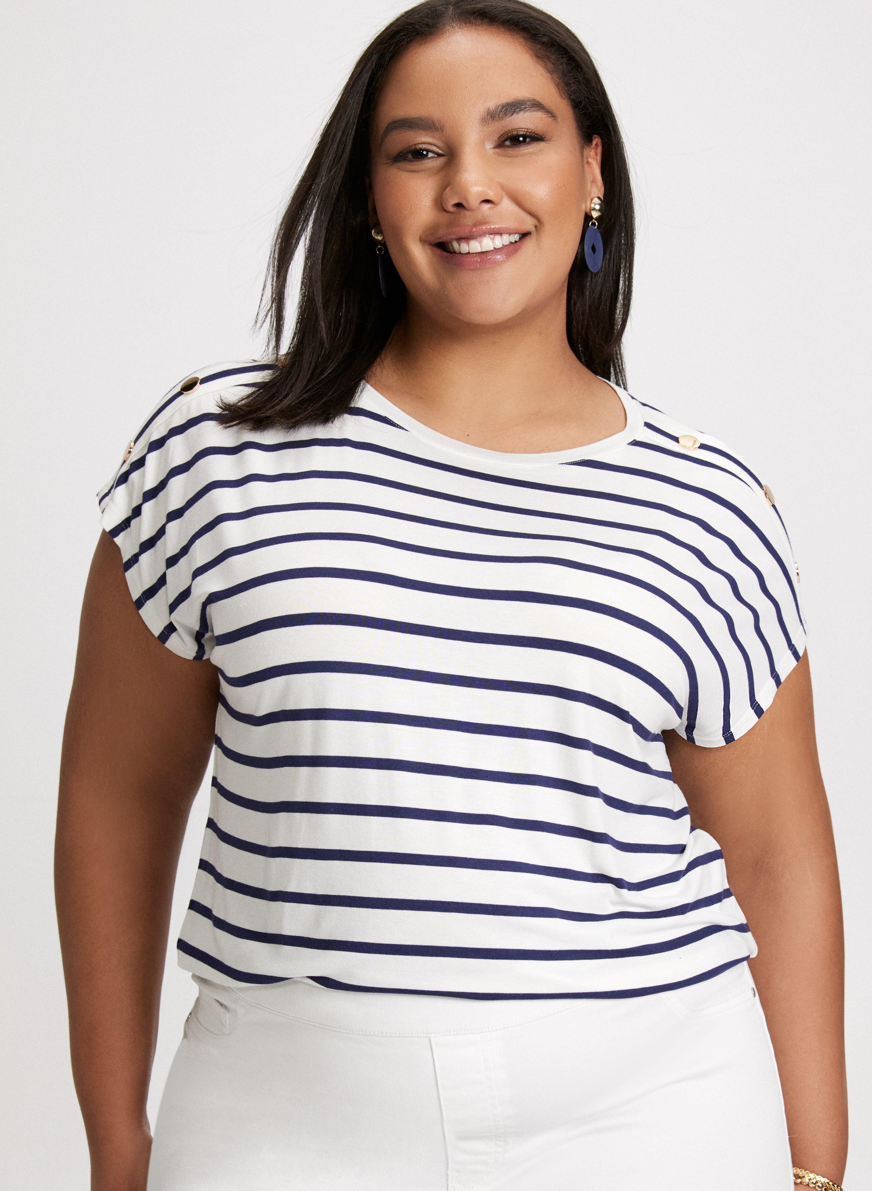 Stylish Buttoned Shoulder Striped T-Shirt for Women | Trendy Casual Top for Everyday Wear | Perfect for Office, Outings & Date Nights