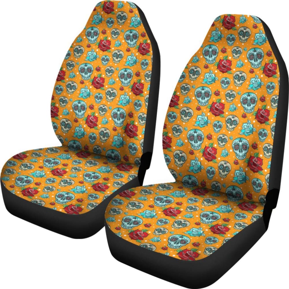2 Pcs Floral Sugar Skull Day of The Dead Car Seat Covers - Mexican Style Decor for Halloween & Dia de Los Muertos - Perfect for Cars, Trucks & SUVs