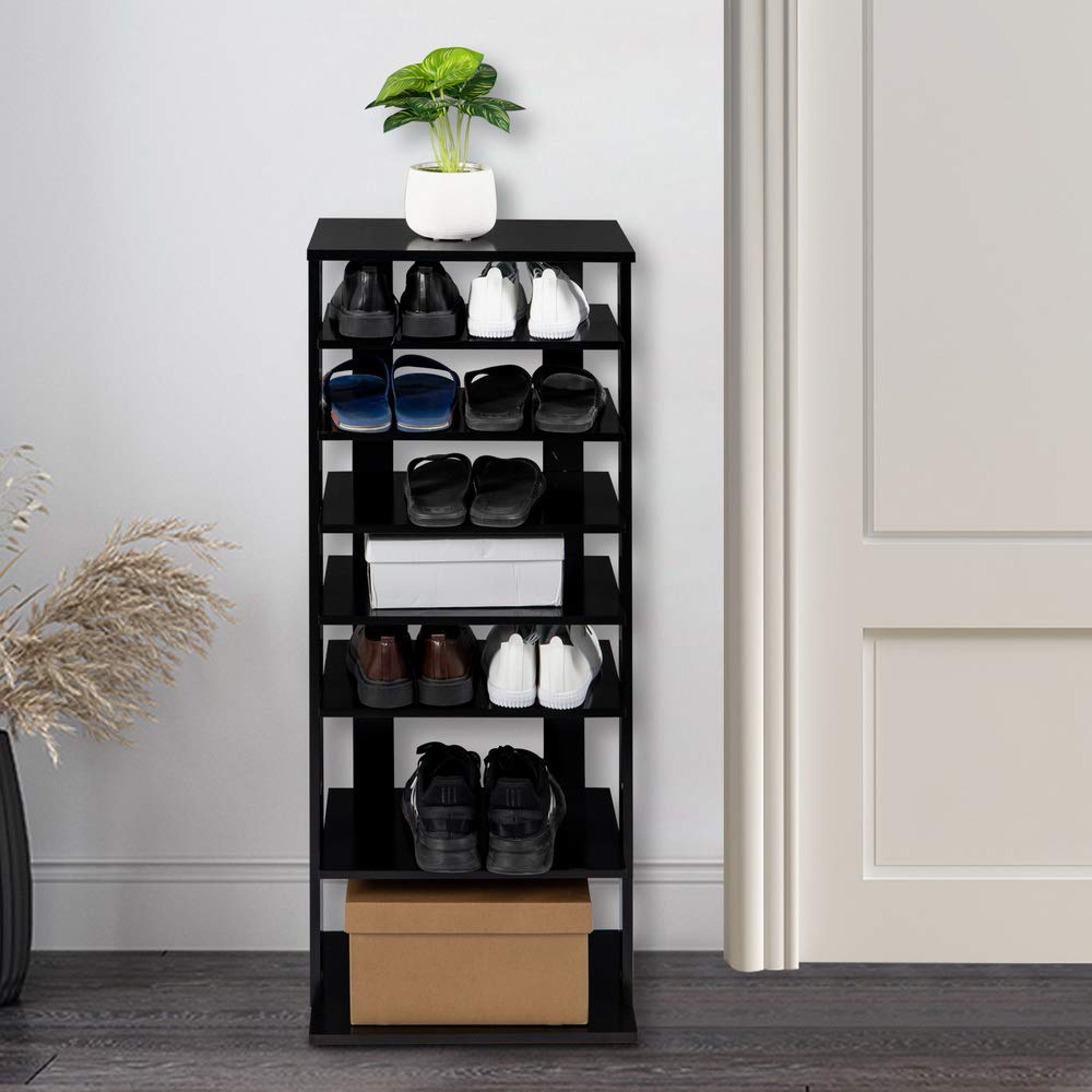 7-Tier Shoe Rack Organizer - Space Saving Vertical Shoe Storage Shelf for Entryway, Closet & Bedroom - Sturdy Wooden Shoe Shelf with Adjustable Heights in Black - Perfect for Small Spaces & Shoe Collection Organization