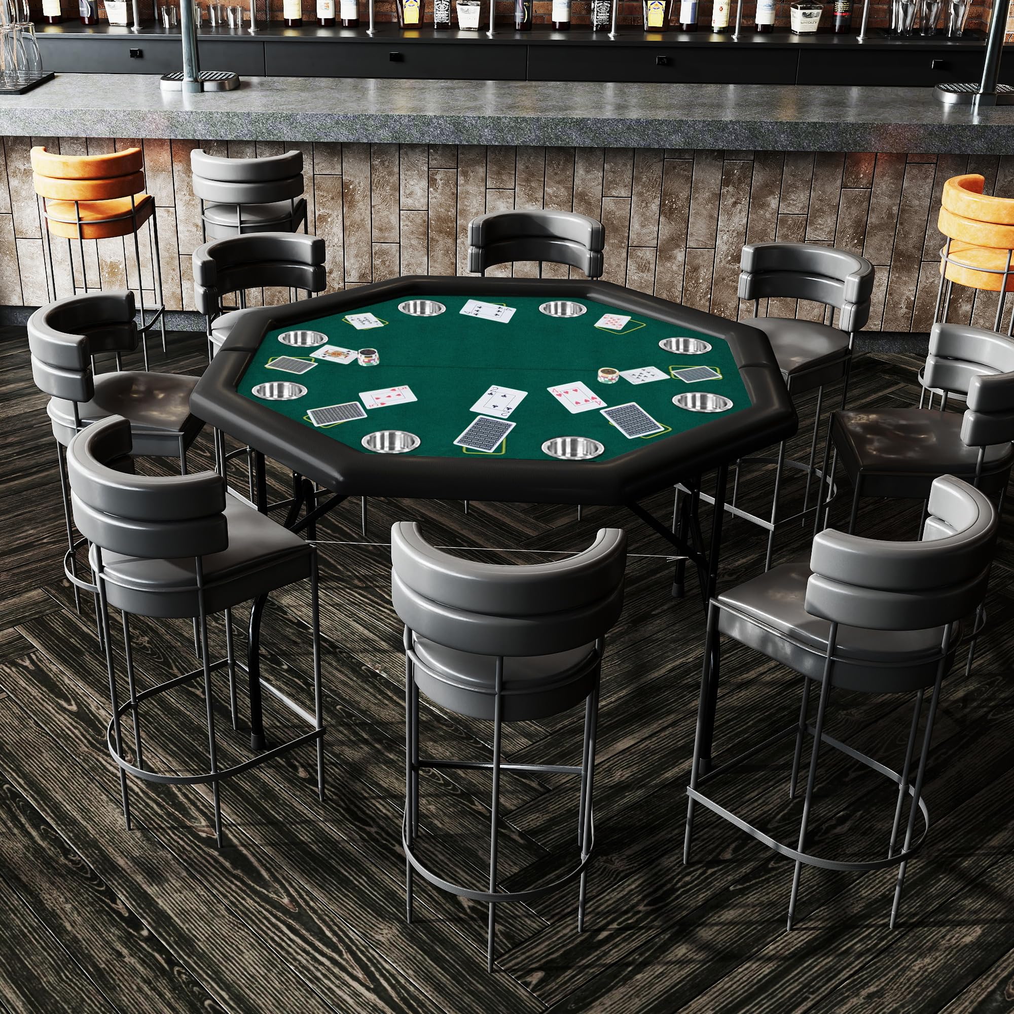 Premium Foldable Octagon Poker Table with Stainless Steel Cup Holders - Casino Style Texas Hold'em & Blackjack Game Table with Green Speed Felt - Perfect for Home Game Nights, Casino Parties, and Poker Tournaments