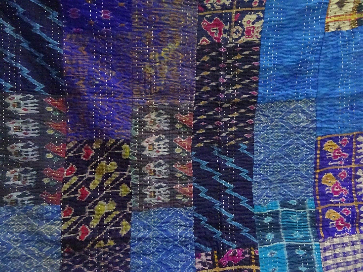 Sophia-Art Indian Silk Sari Kantha Bedspread - Handmade Ethnic Patchwork Quilt Cover - Vintage Bohemian Style - Blue King Size 90