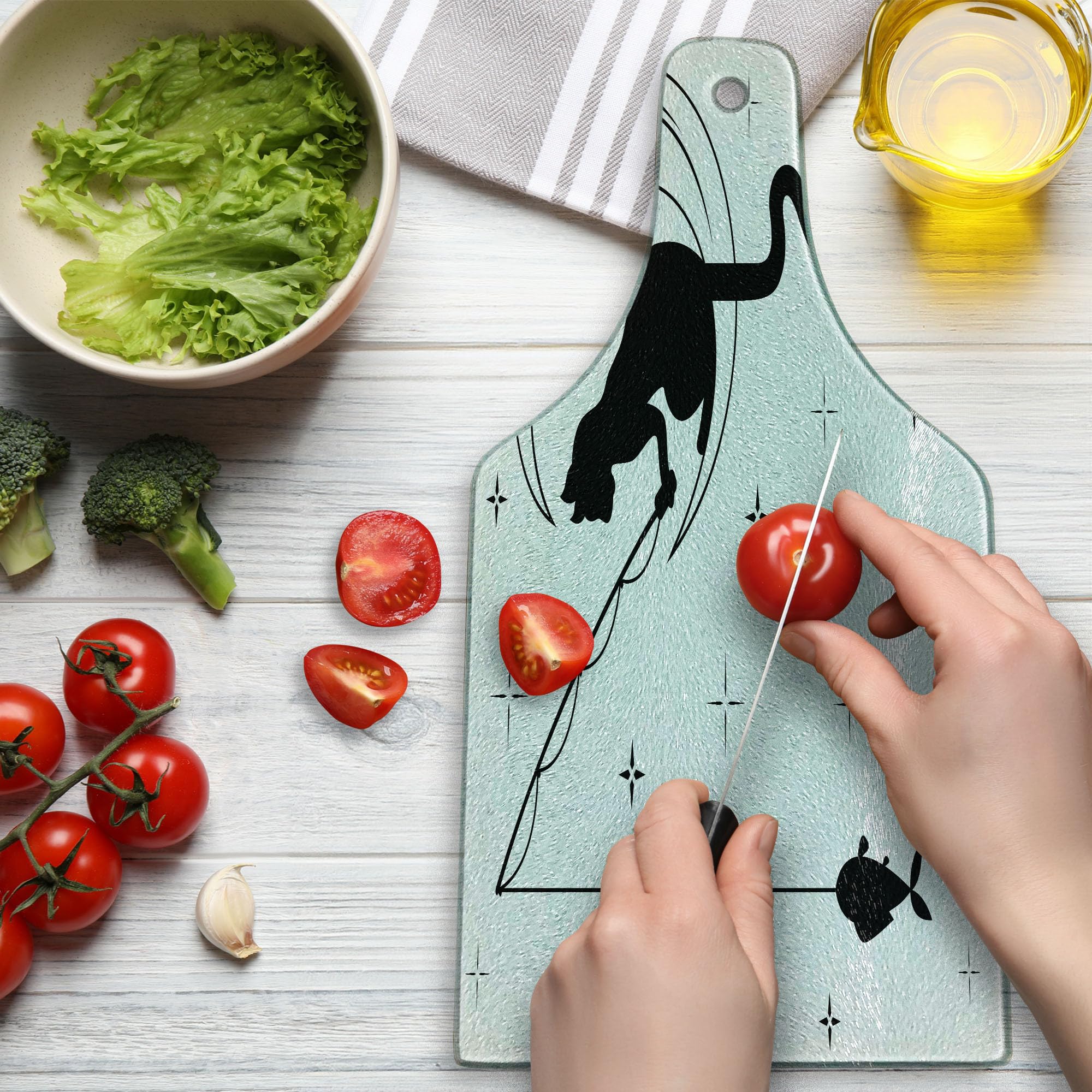 Ambesonne Modern Cat Fishing on Moon Cutting Board - Starry Sky Humor Sketch Art - Tempered Glass Serving Board for Kitchen & Entertaining - Wine Bottle Shape Black White Decorative Chopping Board - Perfect for Cheese Platters, Charcuterie & Wine Pairings