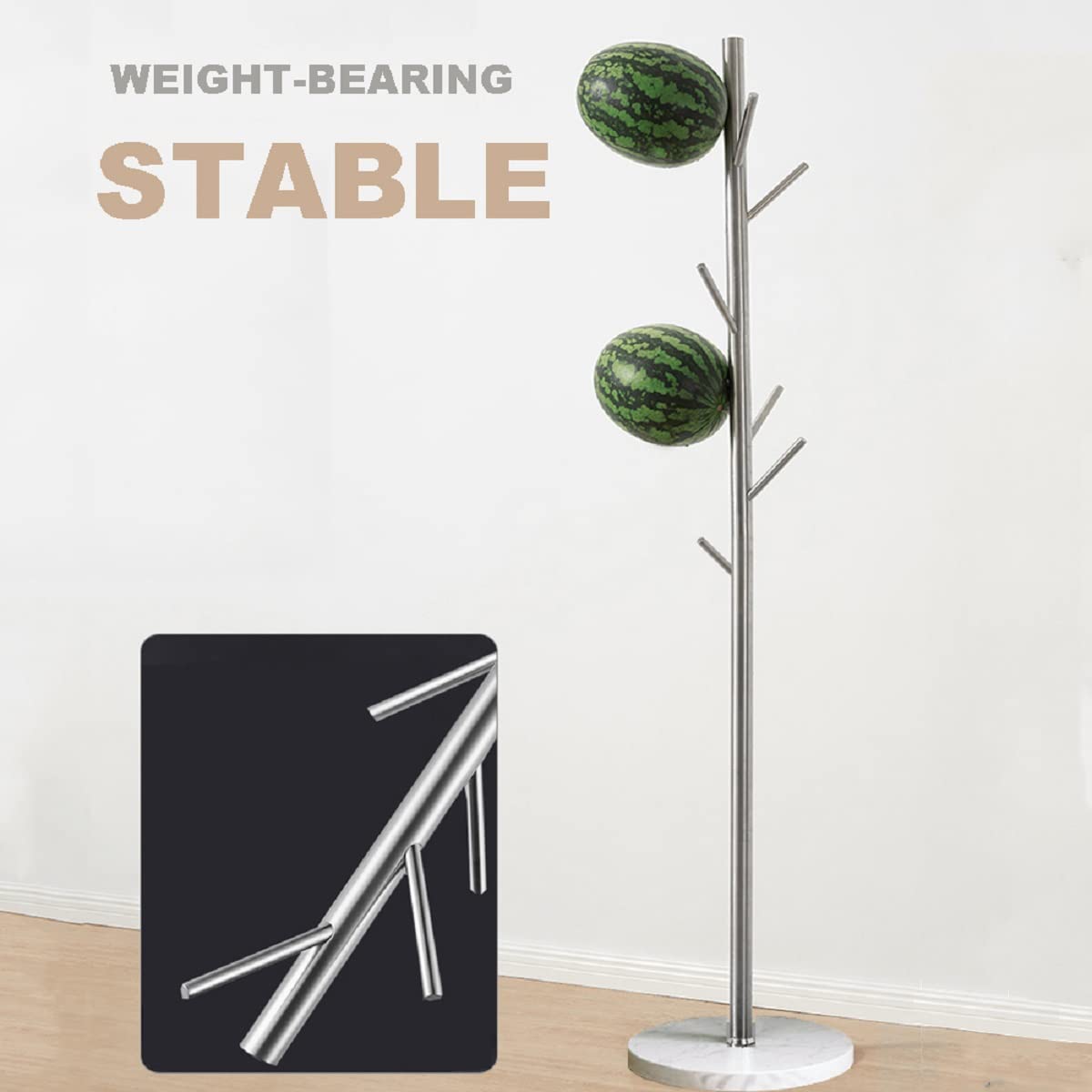 Jolitac Premium Metal Coat Rack Stand - Satin Steel Finish with Marble Base, Sturdy Free-Standing Hat & Coat Hanger with Multiple Hooks for Bedroom, Entryway, or Closet - Easy Assembly & Space-Saving Design (Satin Steel)