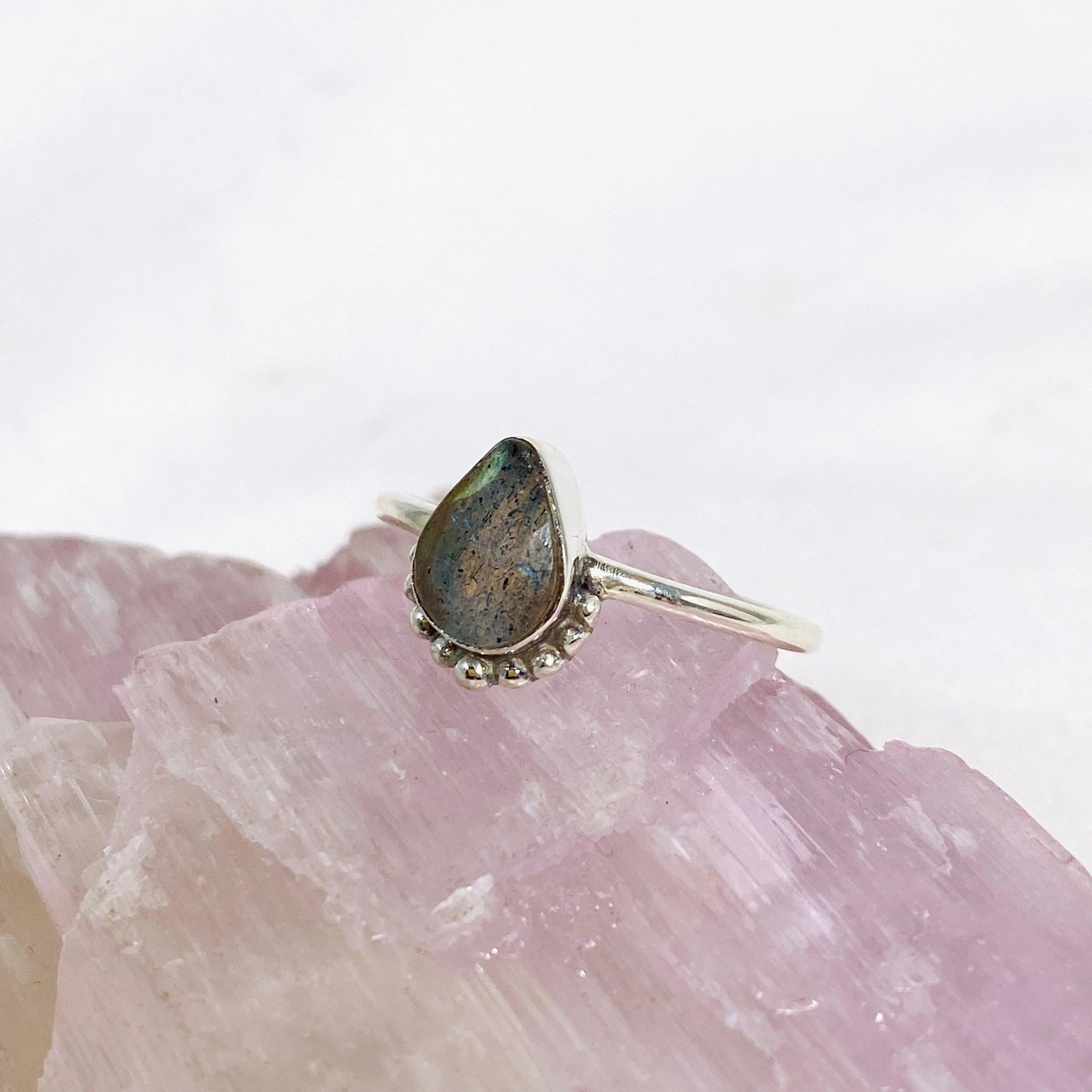 Labradorite Teardrop Faceted Fine Band Ring R3800 LB - Elegant Crystal Jewelry for Women, Wedding, Party & Special Occasions