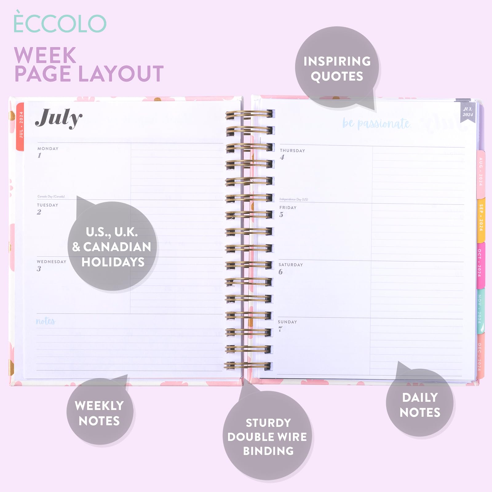 Eccolo 2024-2025 Spiral Planner - 18-Month Weekly & Monthly Academic Planner with Stickers, Floral Design, Hardcover (7.75