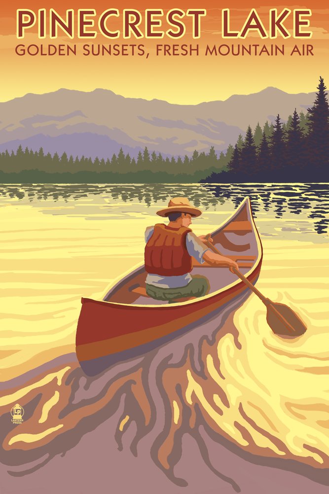 Lantern Press 16x24 Inch Giclee Art Print - Pinecrest Lake California Landscape with Canoe Scene - Wall Decor for Living Room, Bedroom & Office