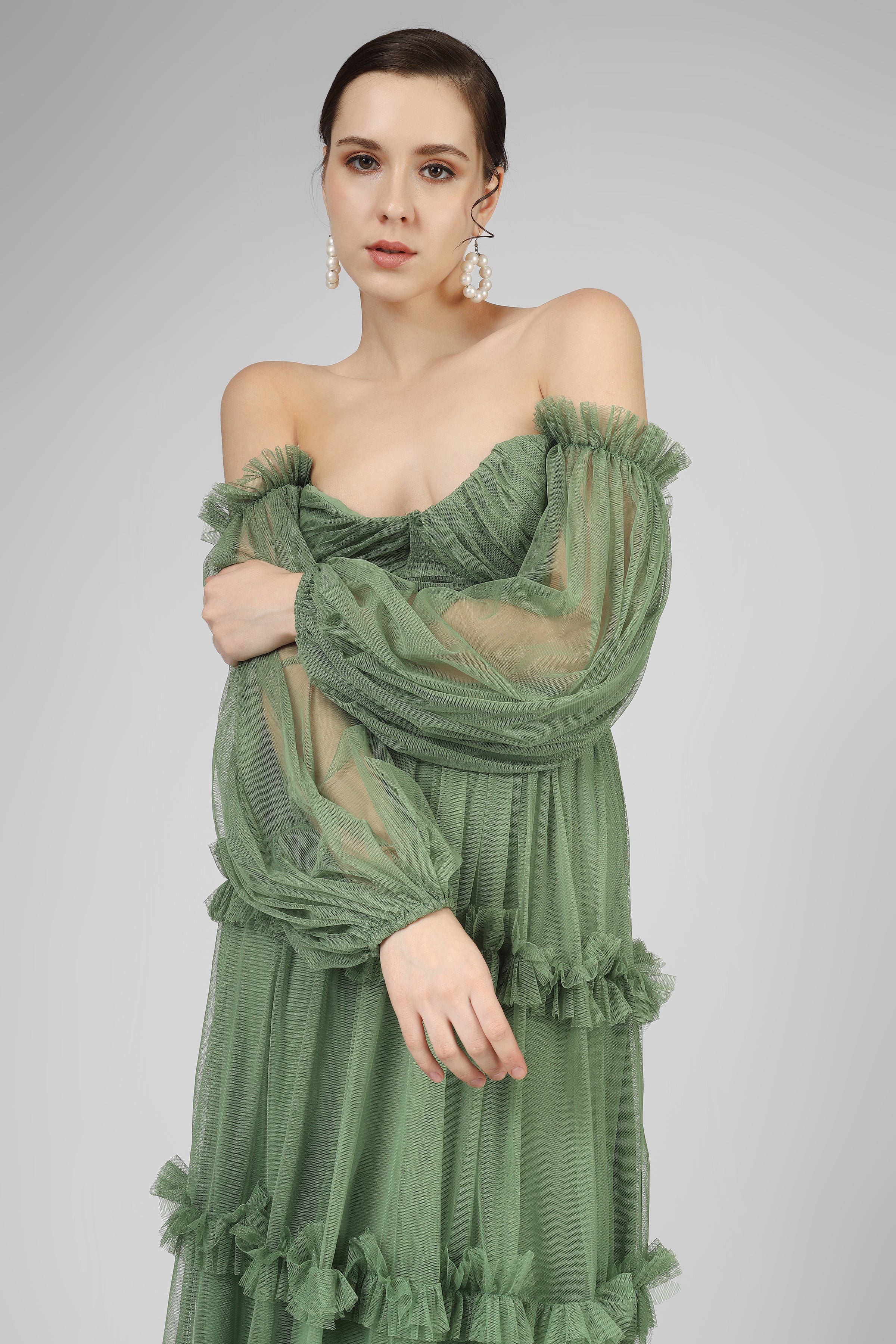 Rendi Olive Green Tulle Dress for Women - Elegant A-Line Party Gown with Flowy Skirt | Perfect for Weddings, Prom, Evening Events & Special Occasions