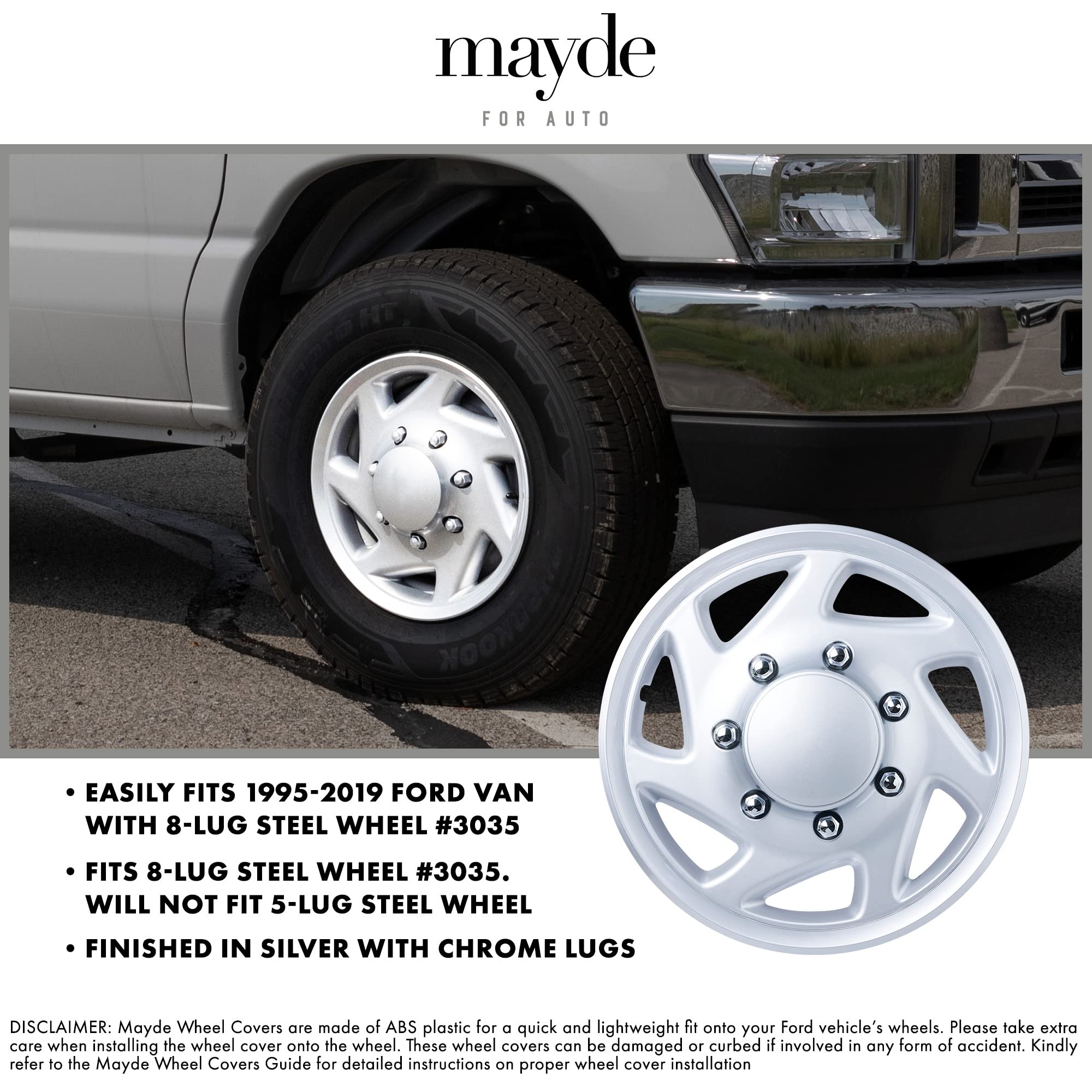Mayde 16-Inch Silver Hub Caps with Chrome Lug Covers - Set of 4 Replacement Wheel Covers for 1995-2019 Ford Van | Durable & Stylish Upgrade for Commercial Vans & Work Trucks