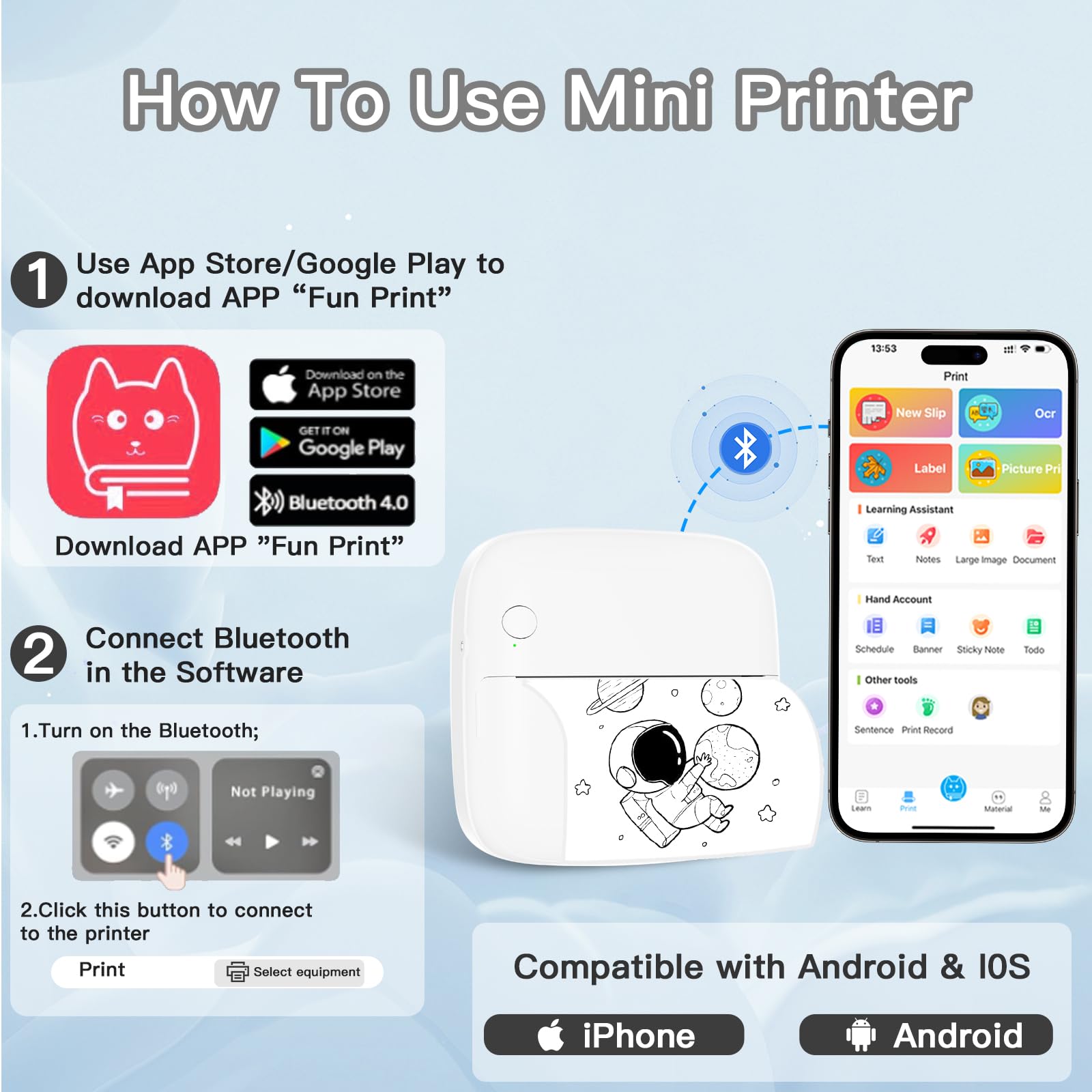 Mini Sticker Printer with 6 Rolls Label Paper - Portable Bluetooth Thermal Label Maker for DIY, Scrapbooking, Travel Notes & Memos - 7 Color LED Light Modes - iOS & Android Compatible | Perfect for Home Organization, School Projects & Gift Wrapping