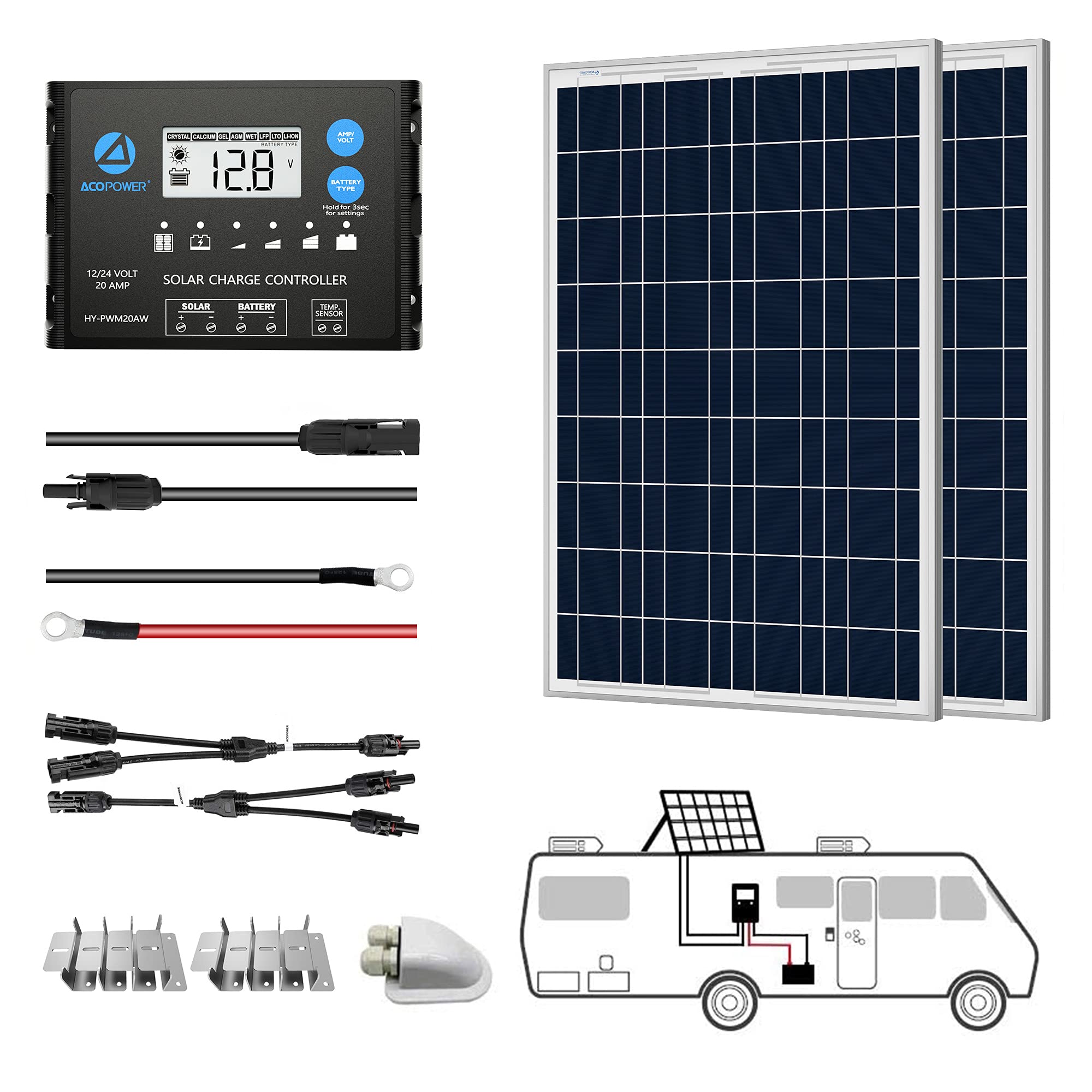 ACOPOWER 12V Polycrystalline Solar Panel Kit for RV with MPPT/PWM Charge Controller - Off-Grid Power for Camping, Boating & Outdoor Adventures