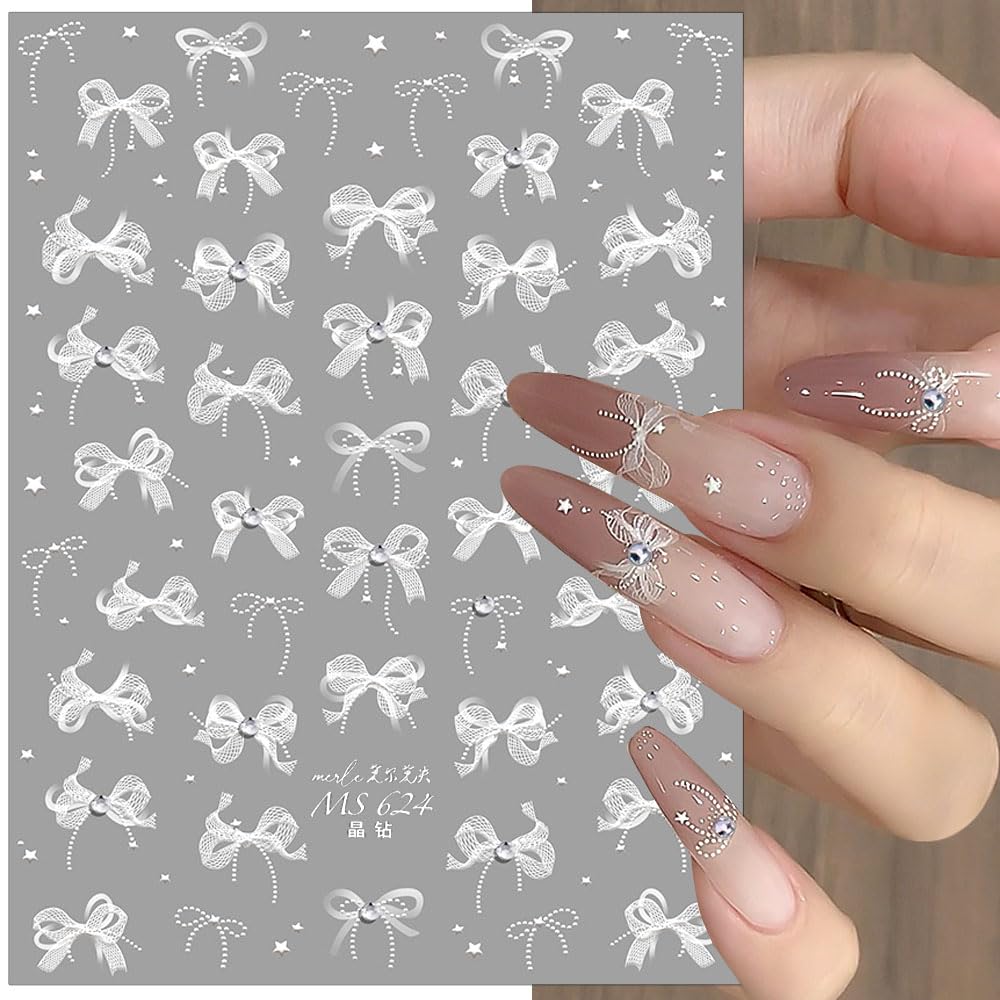 Elegant White Lace Bow Nail Stickers - DIY Nail Art Supplies with Rhinestones & Crystal Diamonds for Manicure Designs | Perfect for Weddings, Parties & Special Occasions