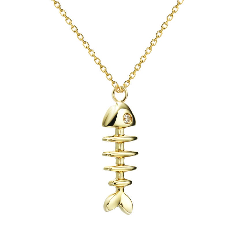 Elegant Fishbone Necklace - Unique 9K/14K/18K Yellow Gold Fish Pendant, Vintage Fish Charm Christian Jewelry for Women | Perfect Gift for Birthday, Anniversary & Religious Occasions