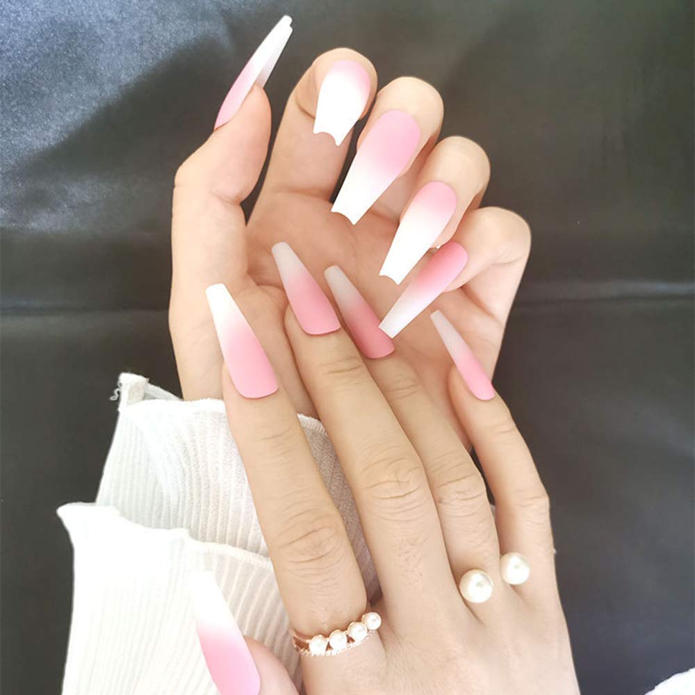 24Pcs Extra Long Ballerina Gradient False Nails - Matte Pink Coffin Press-On Nails with Glue & Stickers | Salon Quality Fake Nails for Women & Girls | Perfect for Parties, Weddings, and Special Occasions