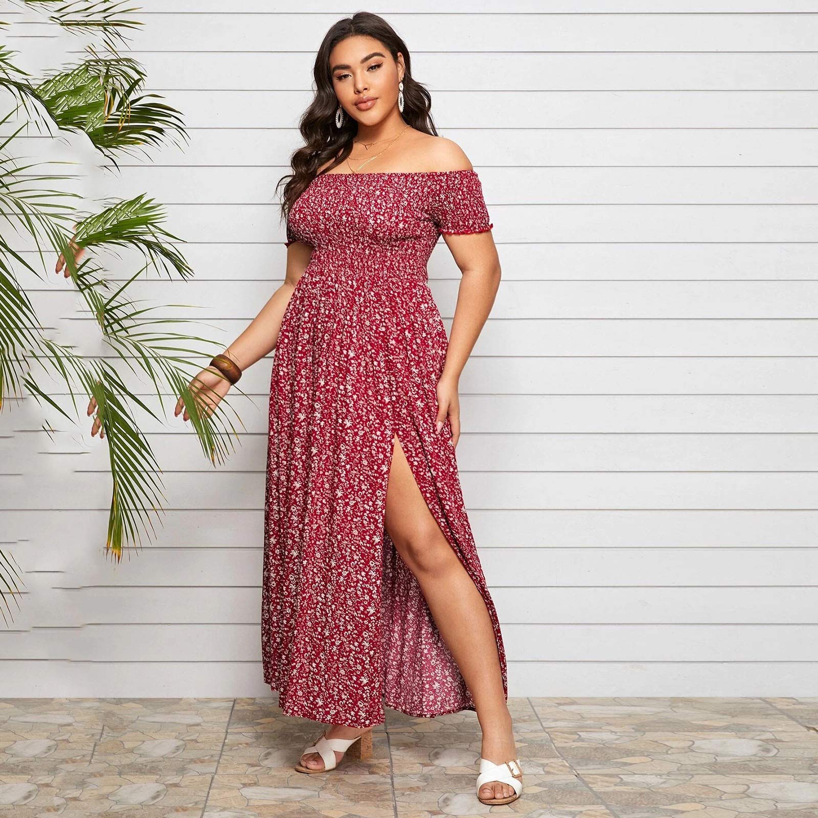 Plus Size Women's Summer Floral Dress - Off Shoulder Shirred Bodice with Thigh Split | Casual Beach Wear, Vacation Outfit, Date Night Dress