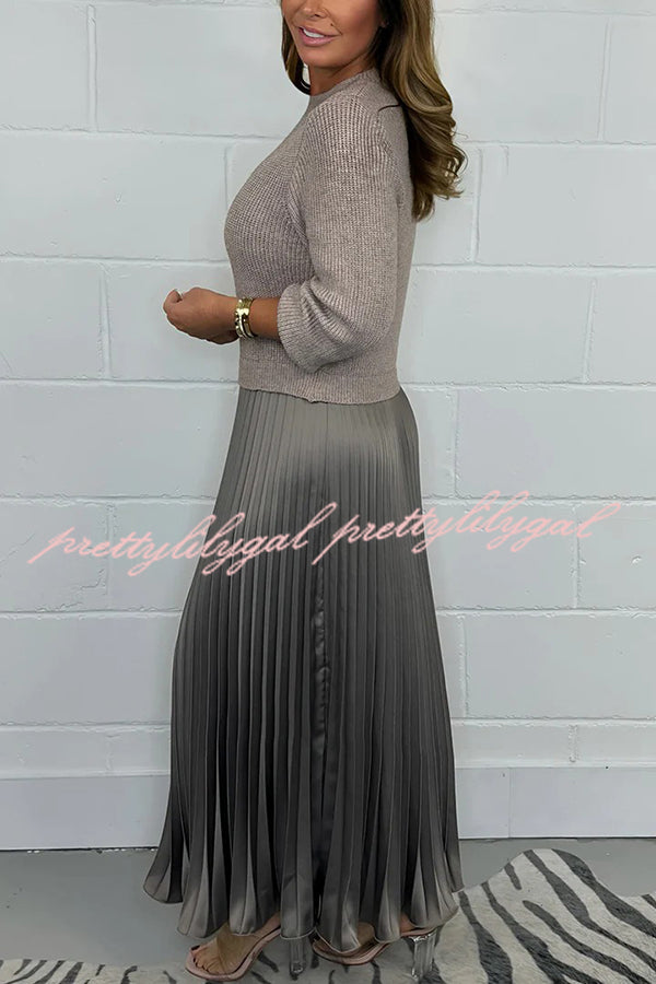 Stylish Knitted Round Neck Long Sleeve Patchwork Pleated Hem Maxi Dress for Women | Elegant Boho Chic Winter Dress | Perfect for Holiday Parties, Date Nights & Casual Outings