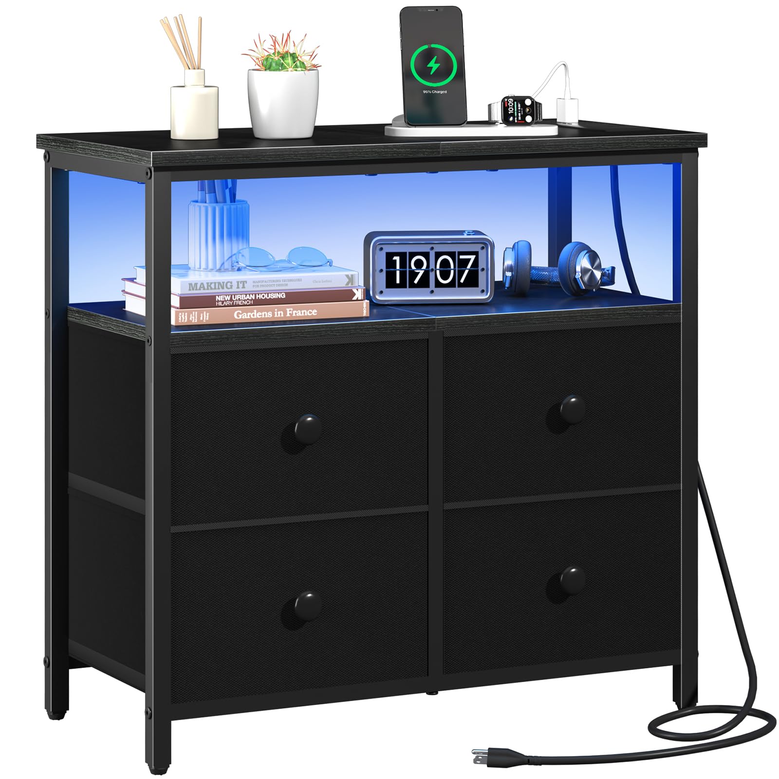 Yoobure Night Stand with USB Charging Station - 4 Drawer Bedside Table with LED Light & Storage Shelf - Wooden End Table for Bedroom, Living Room, Office - Perfect for Phones, Books & Bedside Essentials (Black)