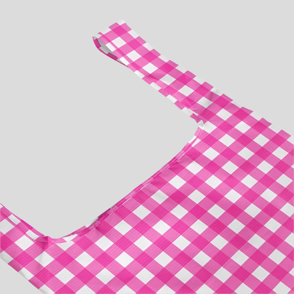 Eco-Friendly Reusable Shopping Bags - 2 Pack with 2 Sizes (Small & Large) - Stylish Neon Pink Gingham Pattern - Perfect for Groceries, Beach Trips & Farmers Markets