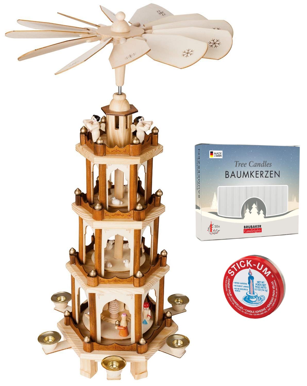 BRUBAKER 4-Tier 24-Inch Christmas Pyramid Set with 20 White Candles & Stick-Um Candle Adhesive - Perfect for Holiday Home Decor, Gift Giving & Festive Table Centerpieces