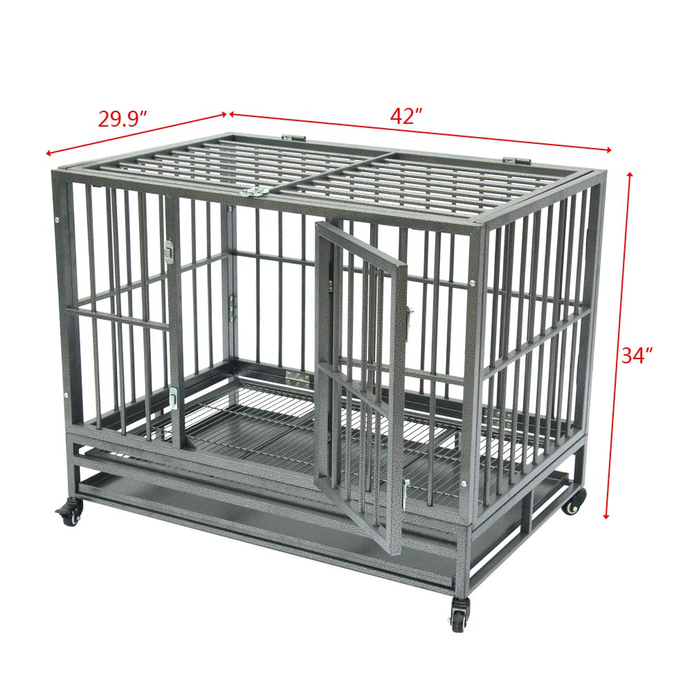 42 Inch Heavy Duty Folding Dog Crate with Wheels - Double Door Metal Pet Kennel with Divider Panel & Secure Double Latch - Large Square Tube Animal Cage for Medium to Large Dogs - Perfect for Home, Travel & Training (Gray)