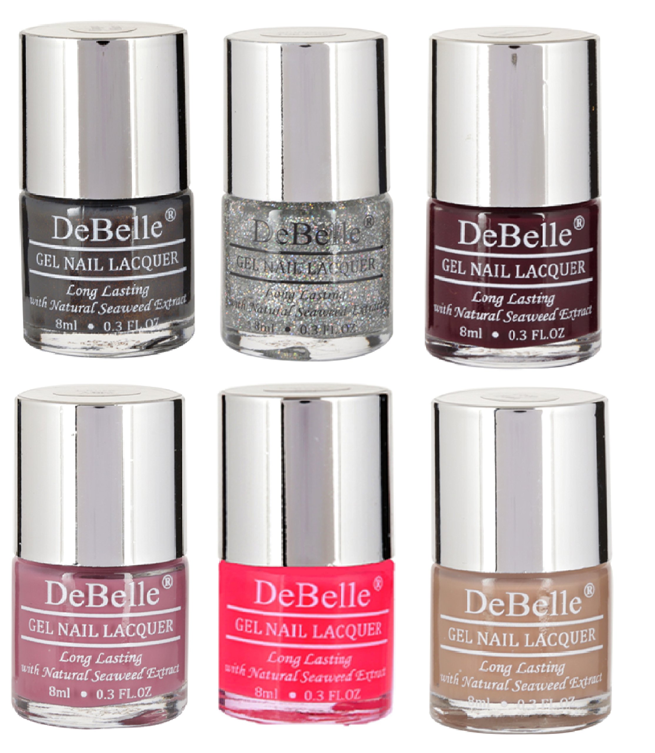 DeBelle 6-Piece Nail Polish Set - Dark Grey, Maroon, Pink & More | 48ml Total (8ml Each) | Long-Lasting Shimmer & Glossy Finish | Perfect for Parties, Weddings & Everyday Wear