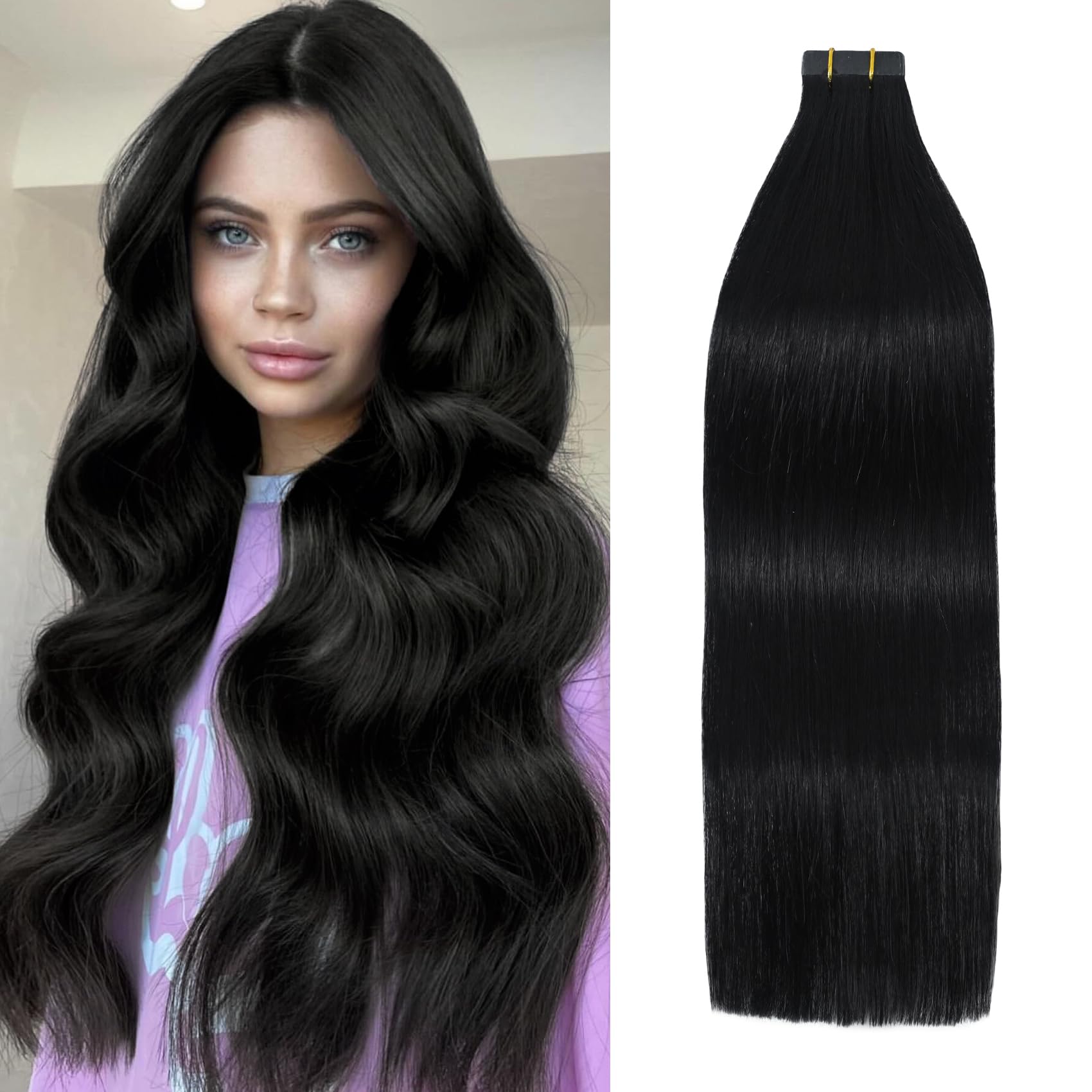 100% Remy Human Hair Tape in Extensions - 16 Inch Jet Black, 30g 20pcs, Natural Seamless Long Silk Straight Hair Extensions for Women | Perfect for Daily Wear, Parties, Weddings & Special Occasions