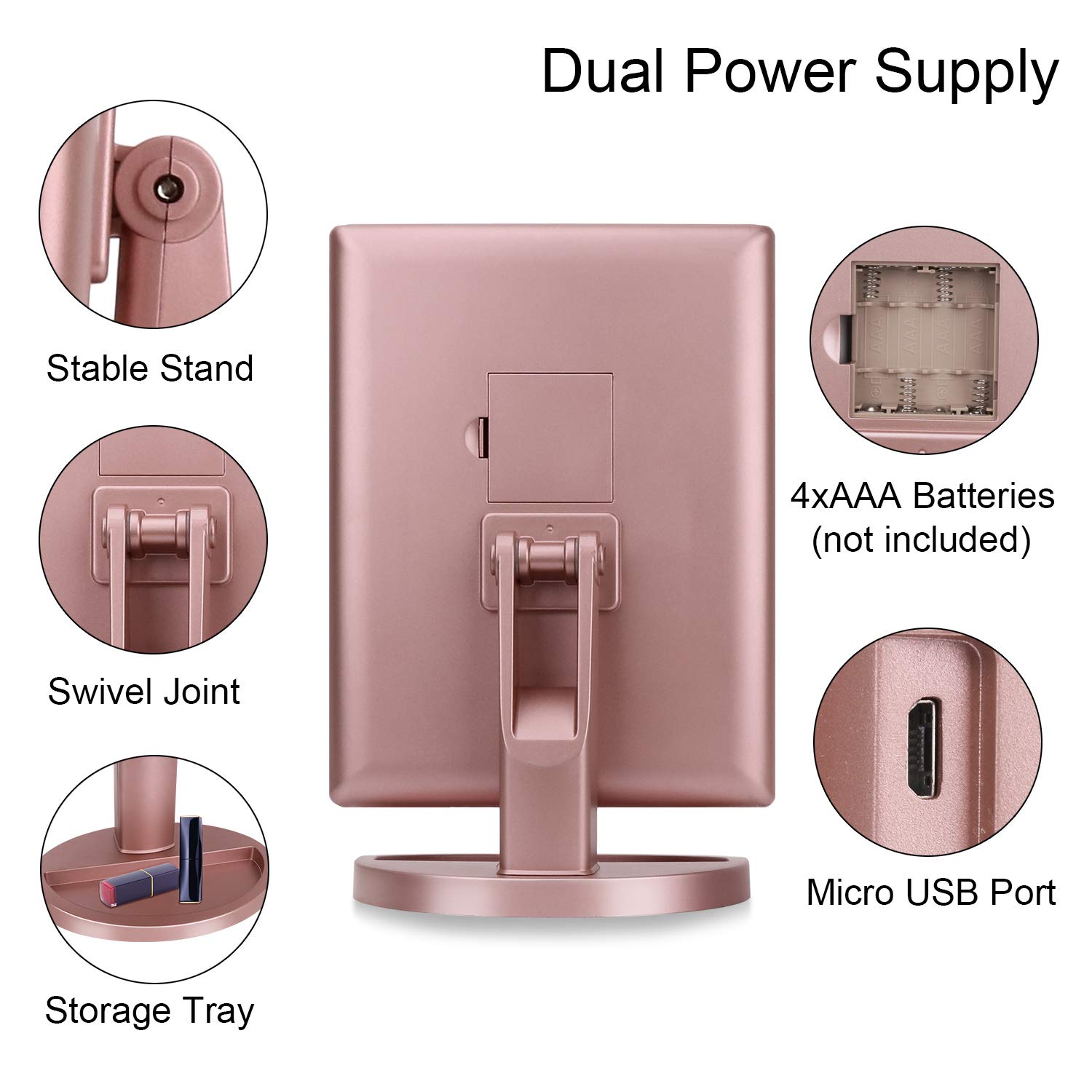 **Dewisn Lighted Vanity Makeup Mirror with 3X/2X/1X Magnification, 21 LED Lights, Touch Screen Dimmable, Dual Power Supply - Rose Gold | Perfect for Home, Travel & Professional Makeup Application**