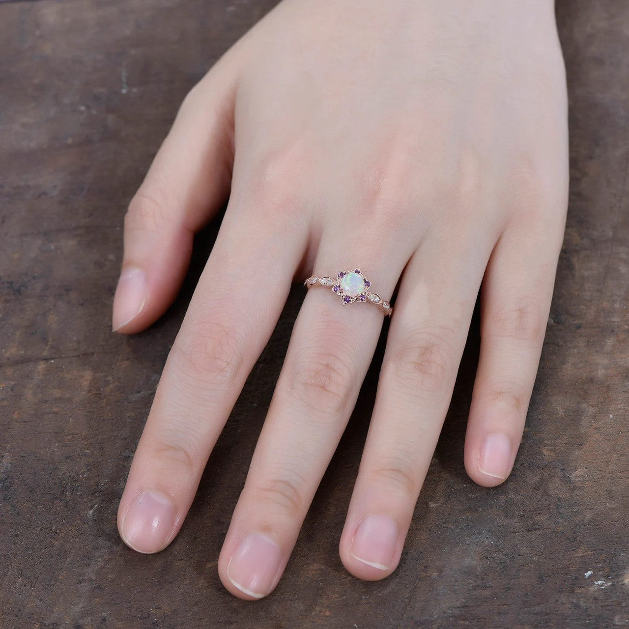 0.5 Carat Round Cut Opal & Amethyst Halo Engagement Ring in Rose Gold - Elegant Dainty Jewelry for Wedding, Proposal & Anniversary Gifts