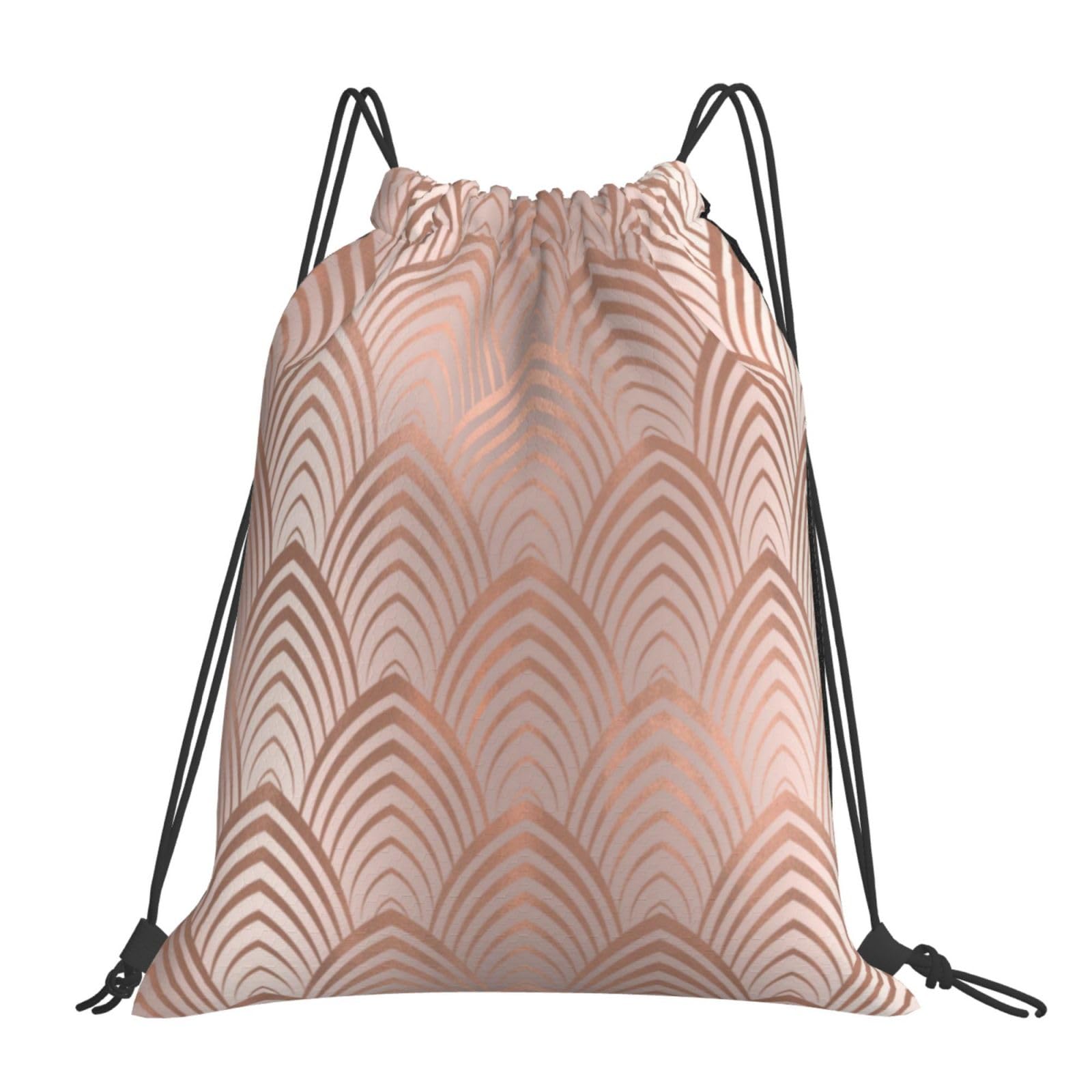 Wykjtwo Art Deco Backpack - Unisex Rope Drawstring Sport Bag in Rose, Copper & Gray with Shell Scale Design | Perfect for Gym, Travel & Casual Outings