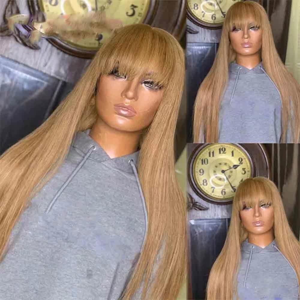 13x4 HD Lace Front Human Hair Wigs - Honey Blonde #27 Straight Remy Brazilian Wig with Bangs, 200% Density, Pre Plucked Baby Hair & Bleached Knots | Glueless Lace Frontal Wig for Women | Perfect for Daily Wear, Cosplay, Parties & Special Occasions (18 Inch)