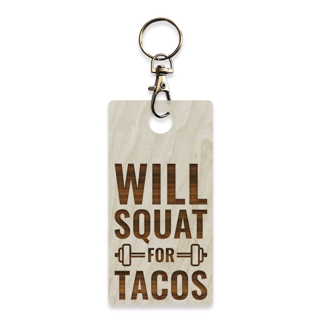 Will Squat for Tacos Laser Engraved Wooden Gym Keychain - Workout Motivation Gift with Pouch - Perfect for Fitness Enthusiasts & Gym Lovers