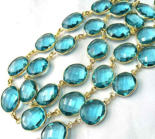 1 Foot Sky Blue Topaz Hydro Gemstone Bezel Set Connector Gold Plated Station Chain Loose Gemstone Jewelry Necklace Beaded Chain - Perfect for Boho, Vintage & Casual Outfits