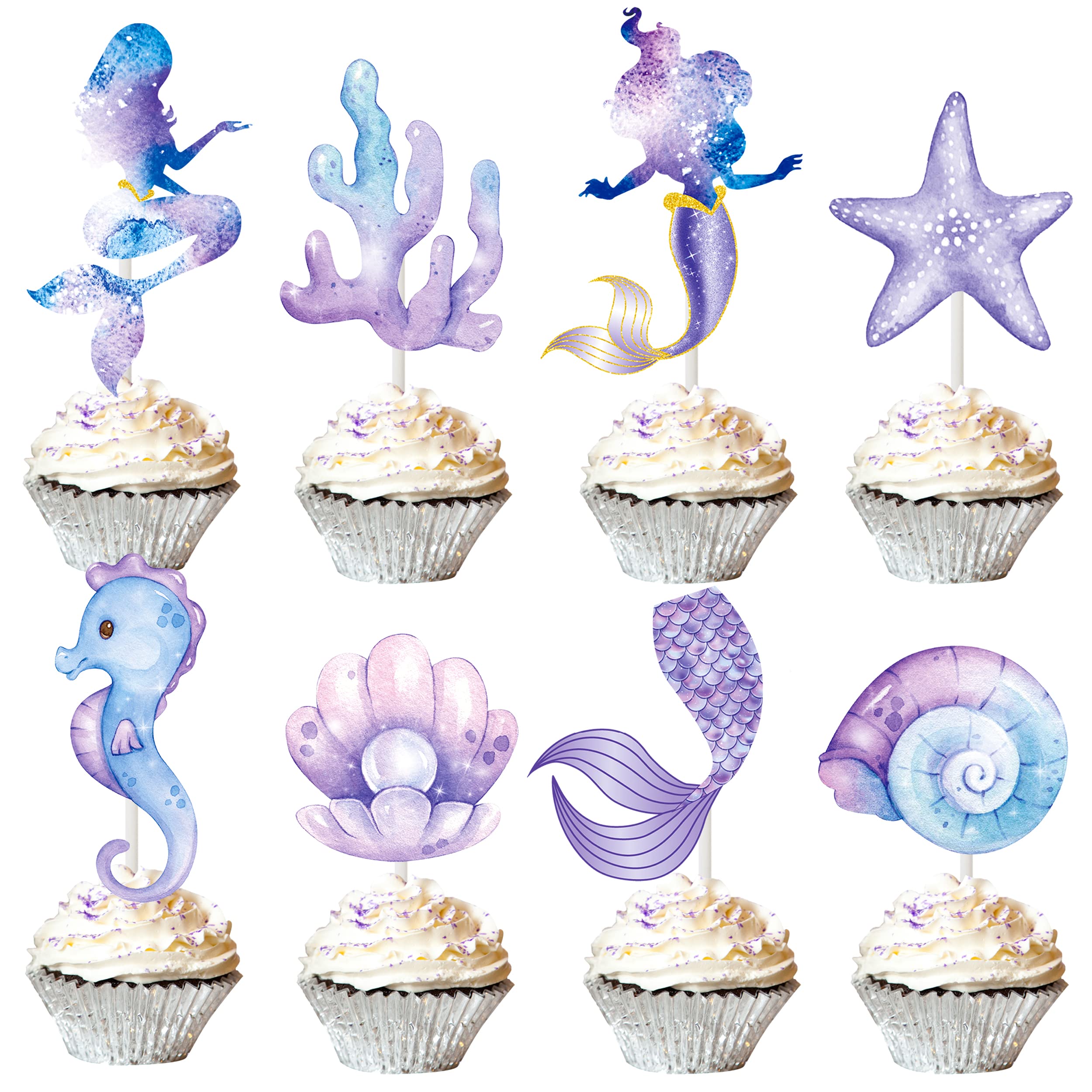 24pcs Mermaid Cupcake Toppers - Under The Sea Party Decorations for Birthday, Baby Shower & Mermaid Theme Events - Perfect for Cake Decorating, Dessert Displays & Ocean-Themed Celebrations