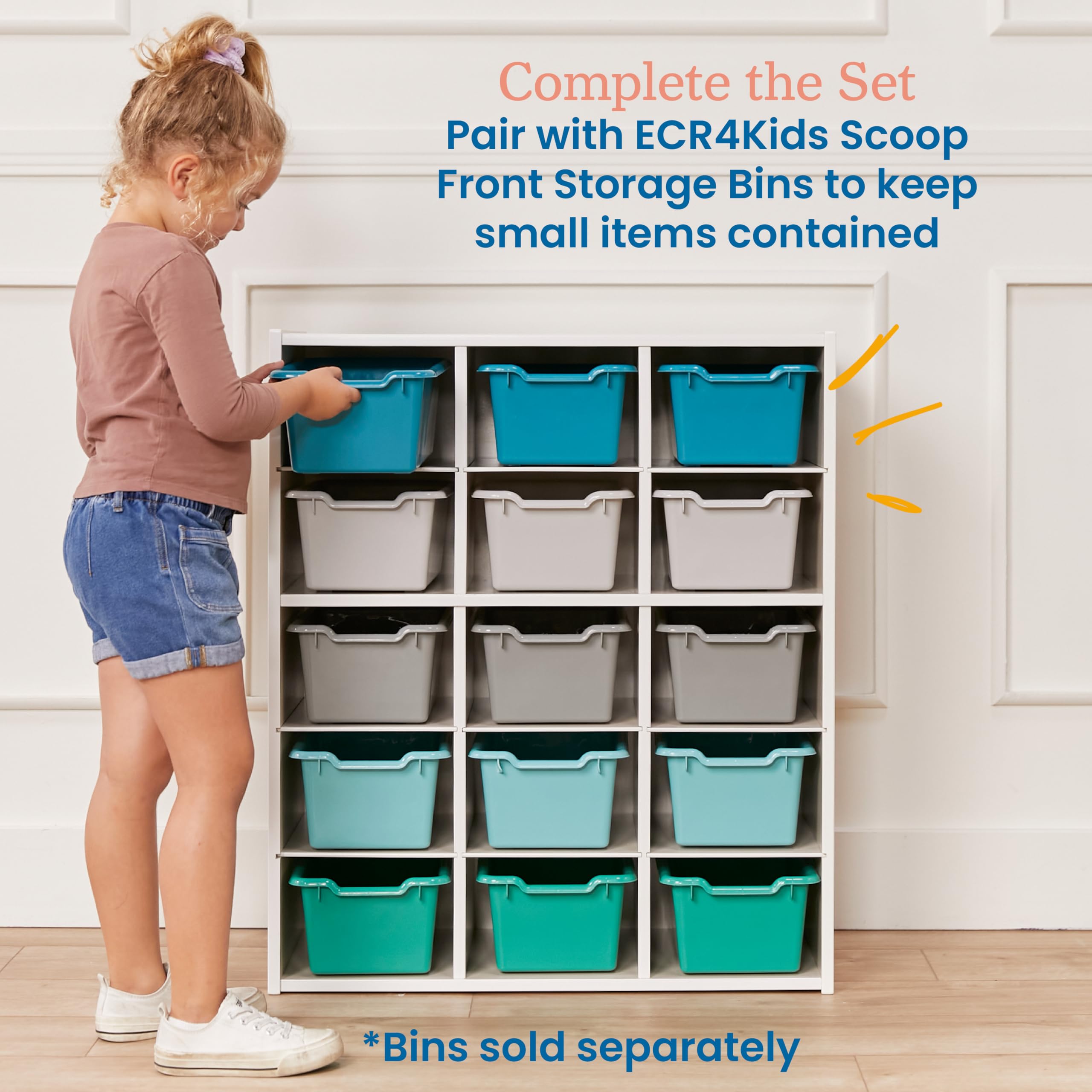 ECR4Kids 15-Cubby Storage Cabinet with Trays, 5x3 Organizer for Classroom & Home, White Wash - Perfect for School Supplies, Toys & Kids' Room Organization