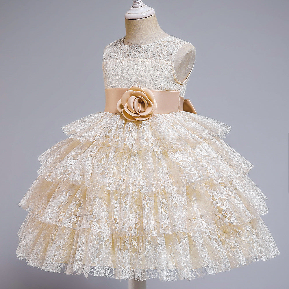 Elegant Princess Flower Girl Dress with Lace & Floral Embellishments - Perfect for Weddings, Pageants & Special Occasions